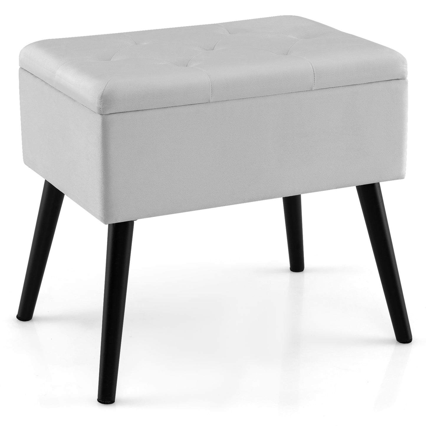 Elegant Velvet Storage Ottoman with Padded Seat and Wood Legs - Grey