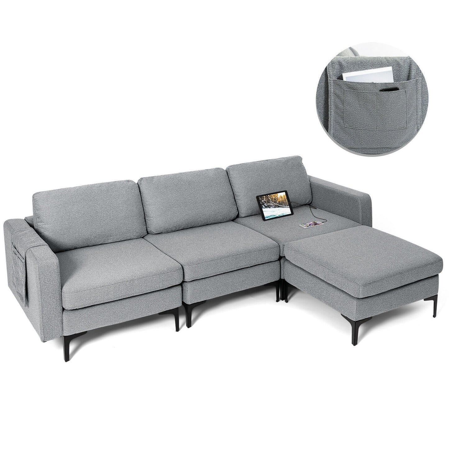 Modular L-Shaped Sectional Sofa with Reversible Chaise, Built-In USB Ports - Dark Grey