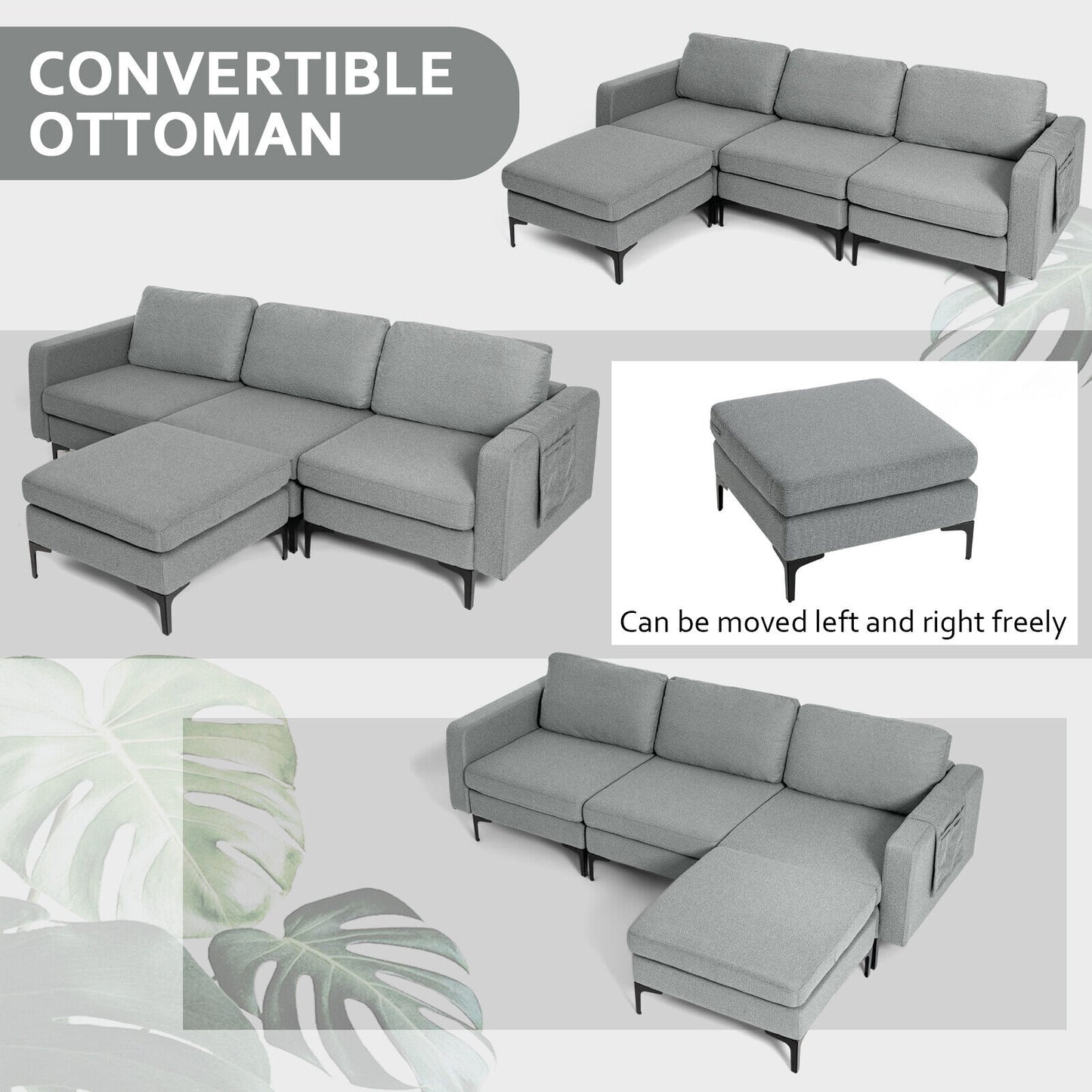 Modular L-Shaped Sectional Sofa with Reversible Chaise, Built-In USB Ports - Dark Grey
