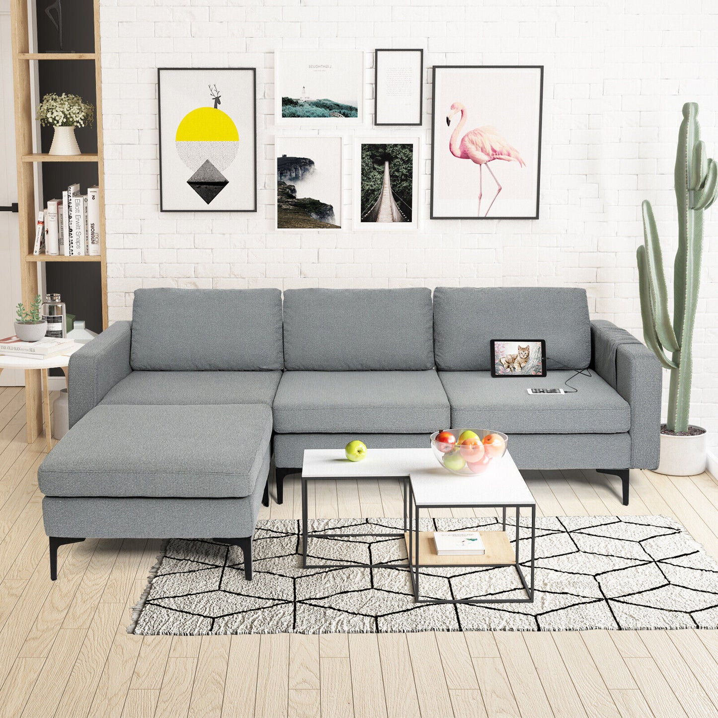 Modular L-Shaped Sectional Sofa with Reversible Chaise, Built-In USB Ports - Dark Grey