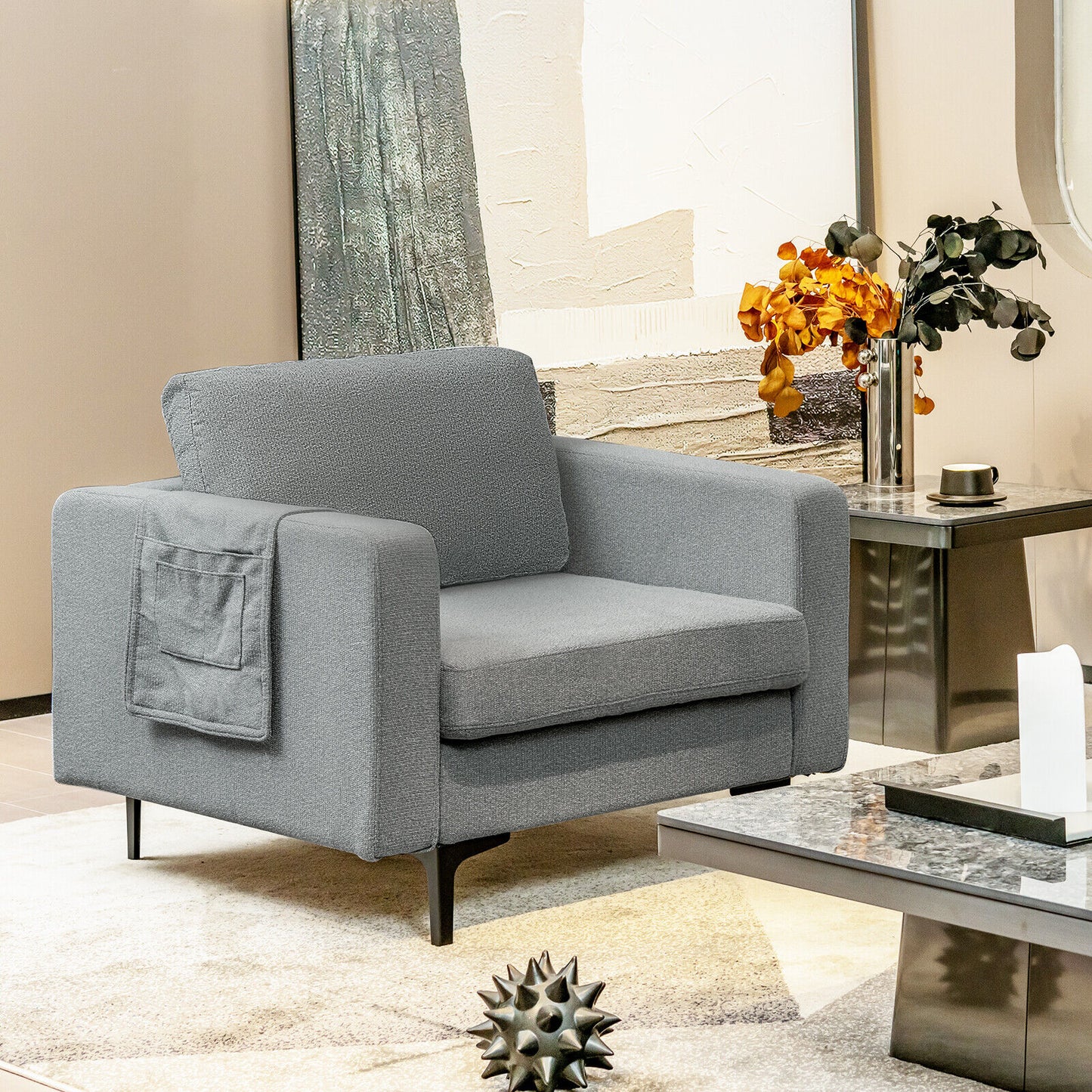 Ergonomic Accent Chair with Side Storage and Cushioned Seat, Grey