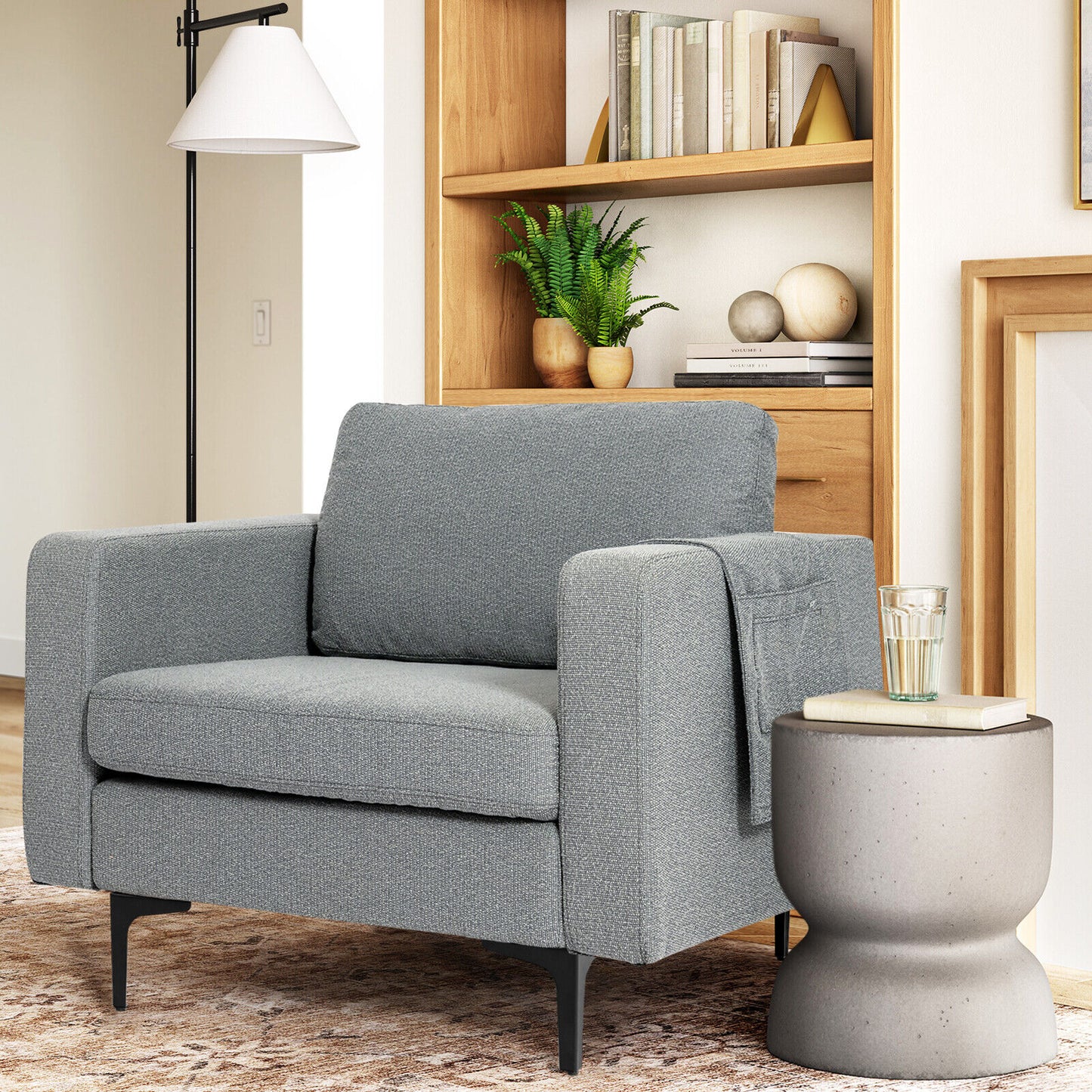 Ergonomic Accent Chair with Side Storage and Cushioned Seat, Grey