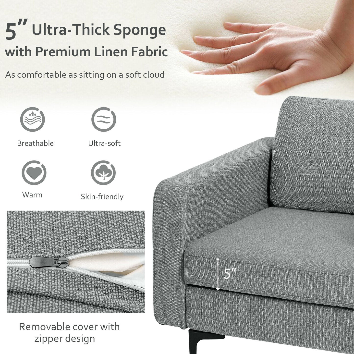 Ergonomic Accent Chair with Side Storage and Cushioned Seat, Grey