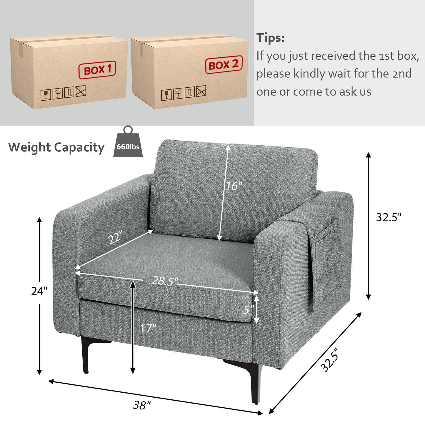Ergonomic Accent Chair with Side Storage and Cushioned Seat, Grey