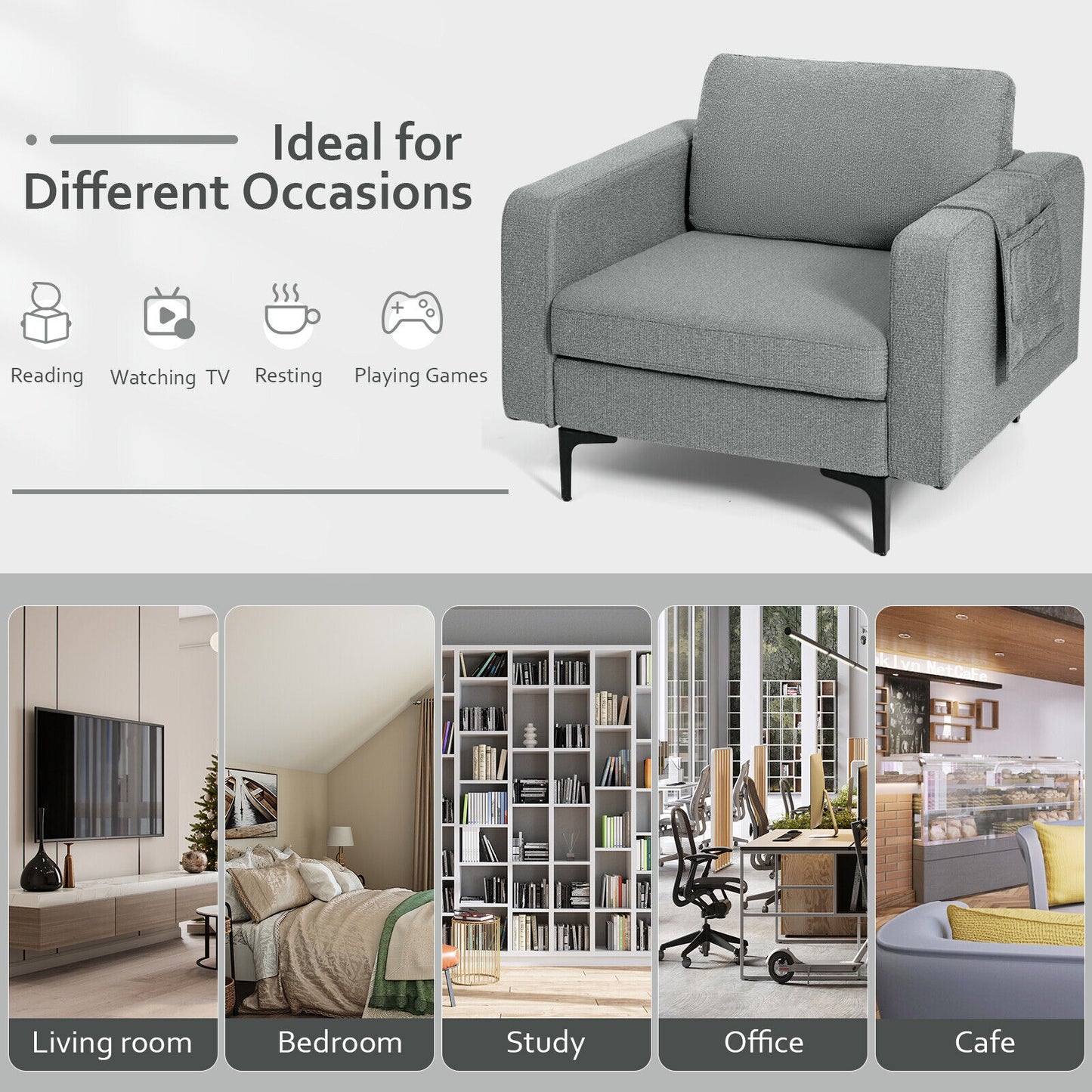 Ergonomic Accent Chair with Side Storage and Cushioned Seat, Grey