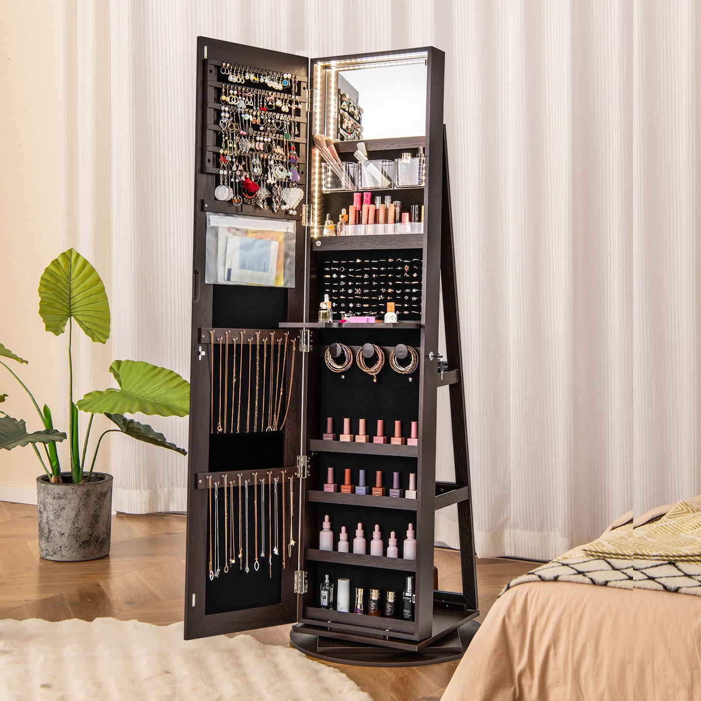 360° Rotating Jewelry Armoire with LED Mirror and Lockable Storage – Espresso