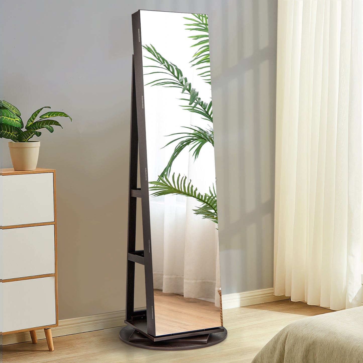 360° Rotating Jewelry Armoire with LED Mirror and Lockable Storage – Espresso