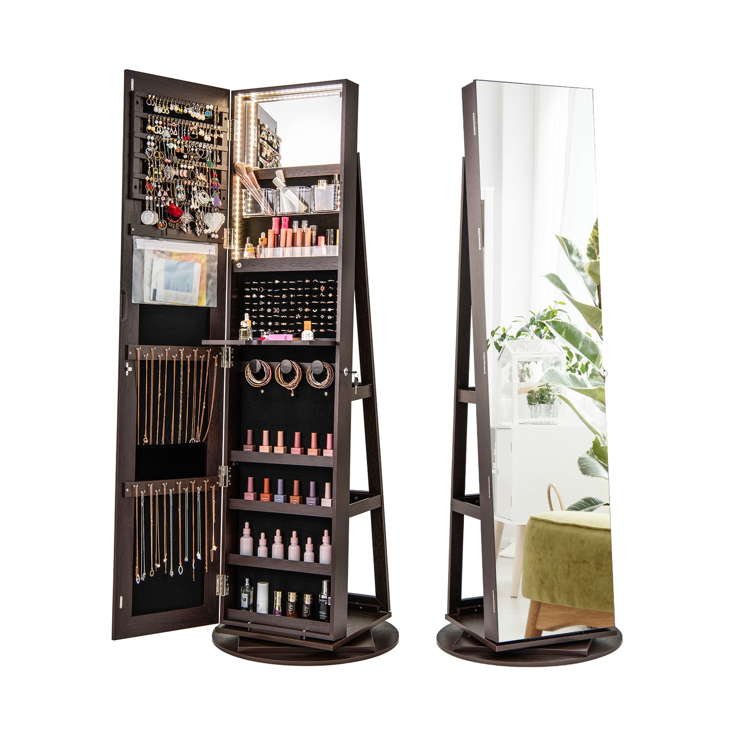 360° Rotating Jewelry Armoire with LED Mirror and Lockable Storage – Espresso
