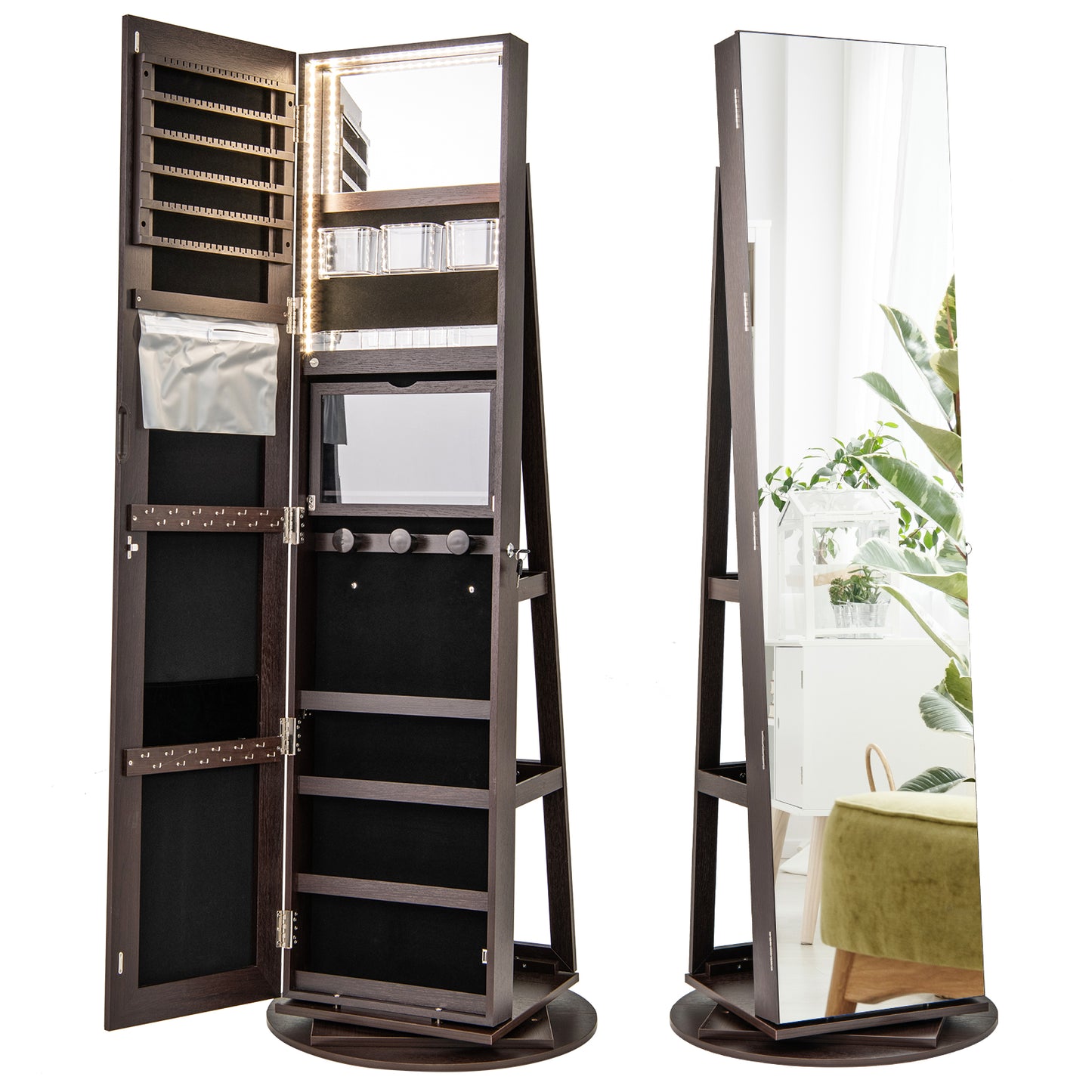 360° Rotating Jewelry Armoire with LED Mirror and Lockable Storage – Espresso
