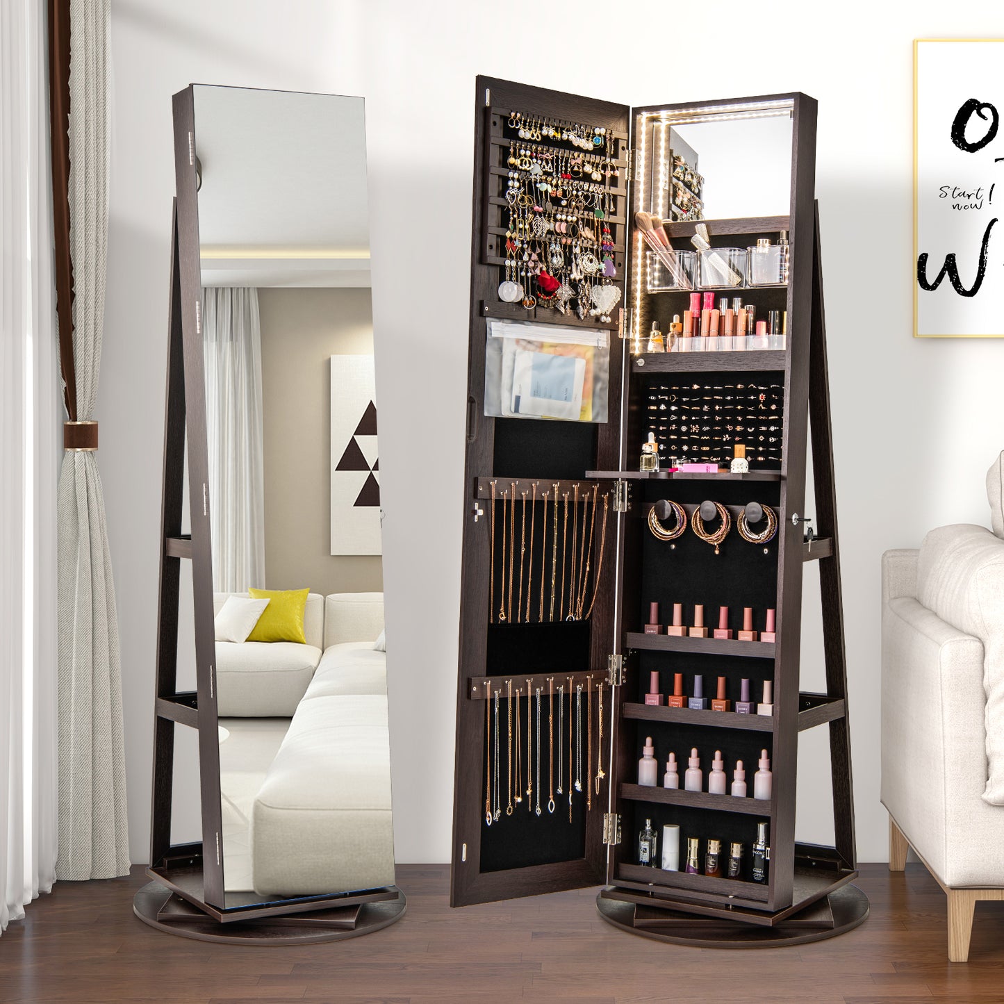 360° Rotating Jewelry Armoire with LED Mirror and Lockable Storage – Espresso