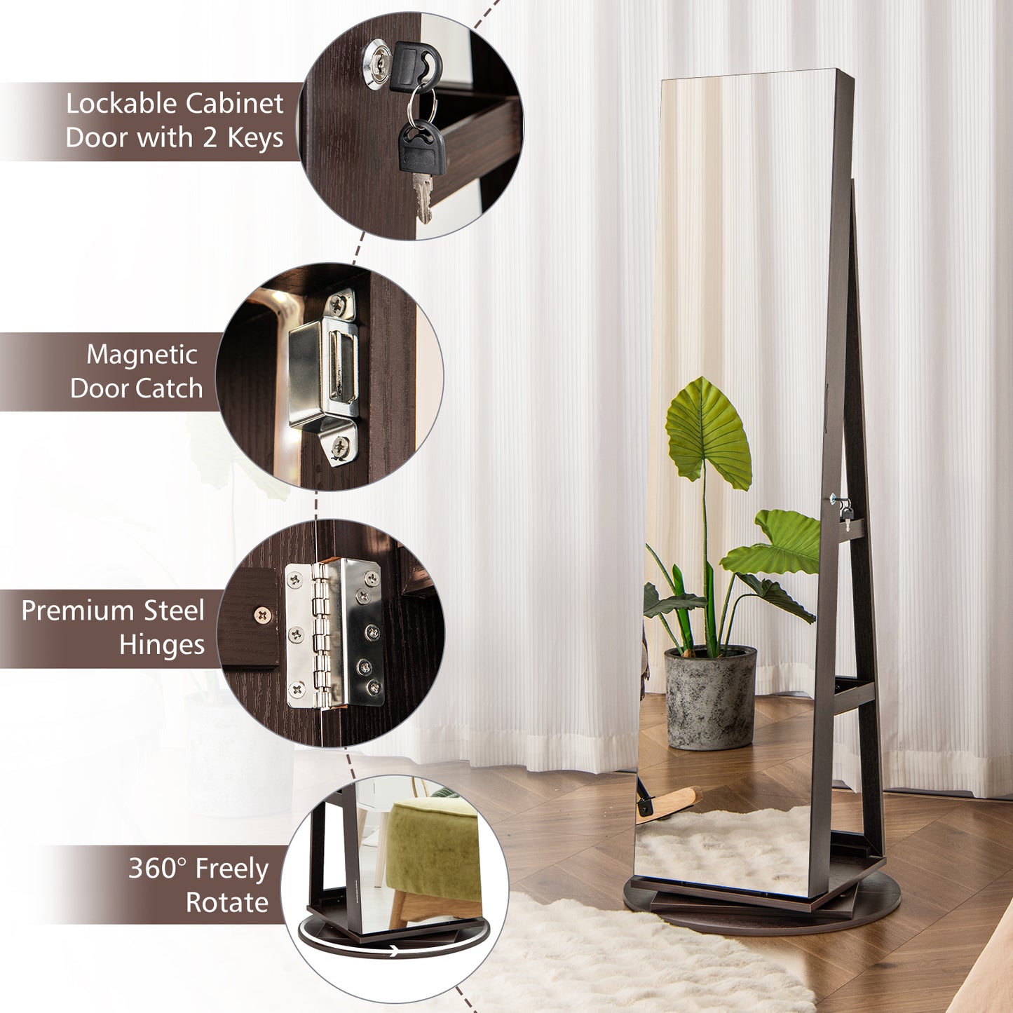 360° Rotating Jewelry Armoire with LED Mirror and Lockable Storage – Espresso