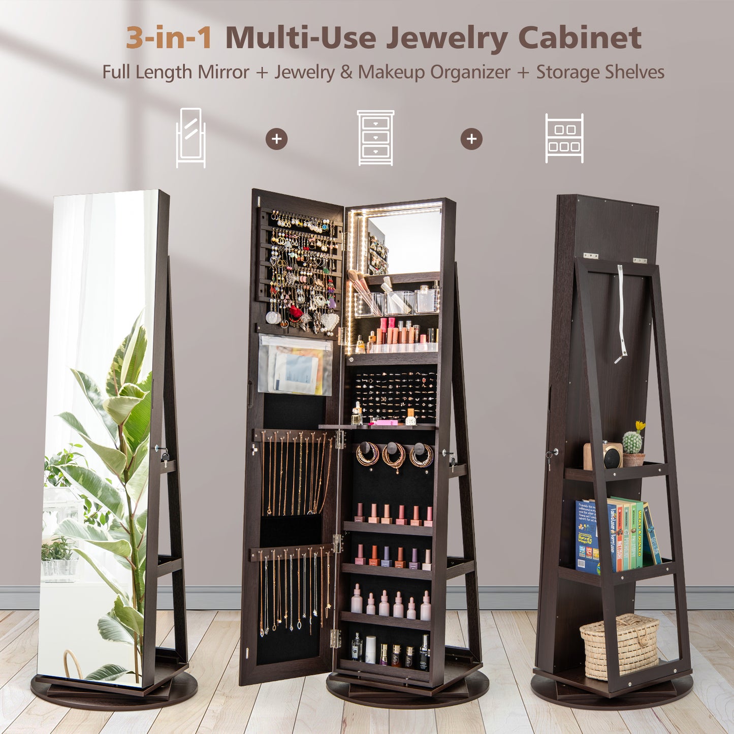 360° Rotating Jewelry Armoire with LED Mirror and Lockable Storage – Espresso
