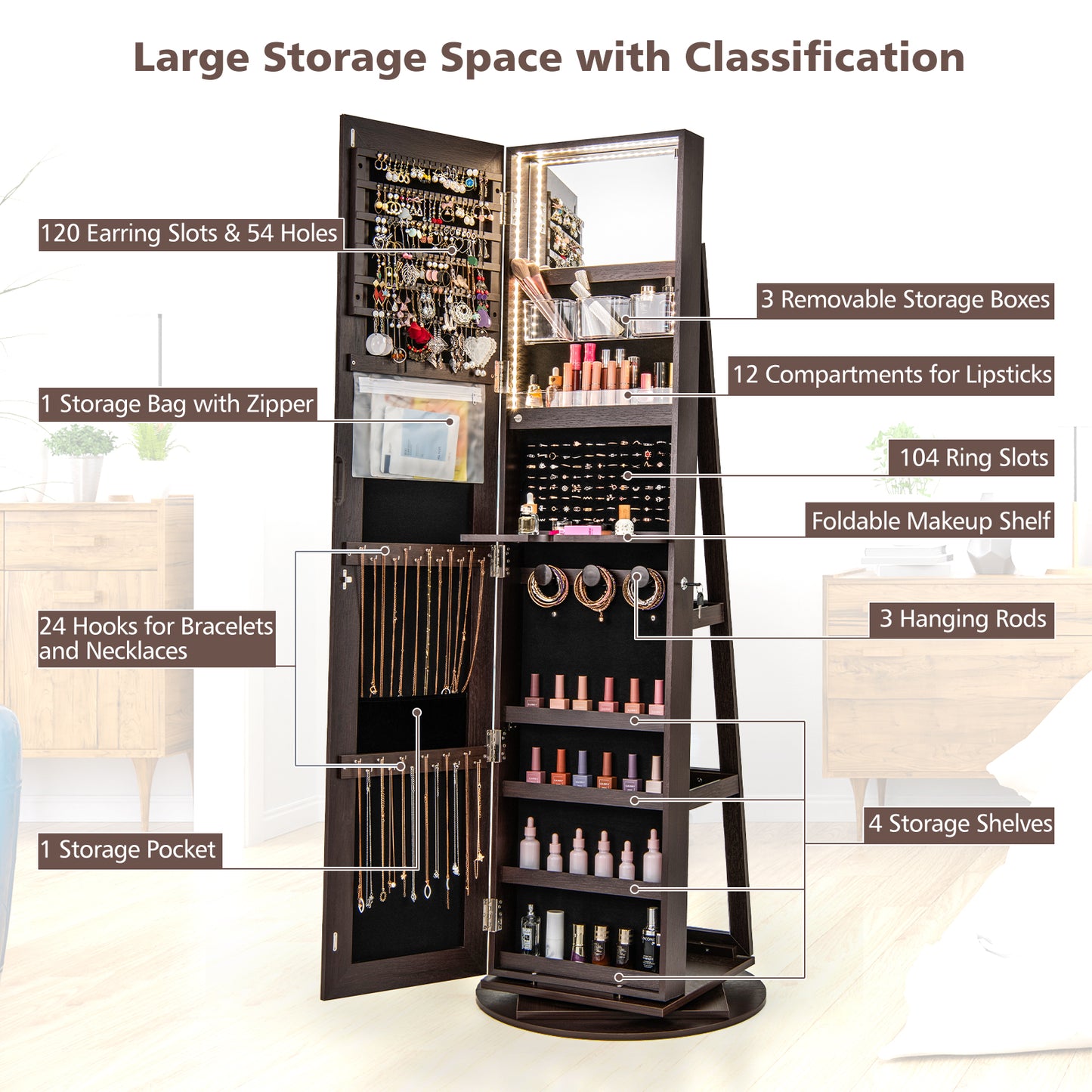 360° Rotating Jewelry Armoire with LED Mirror and Lockable Storage – Espresso