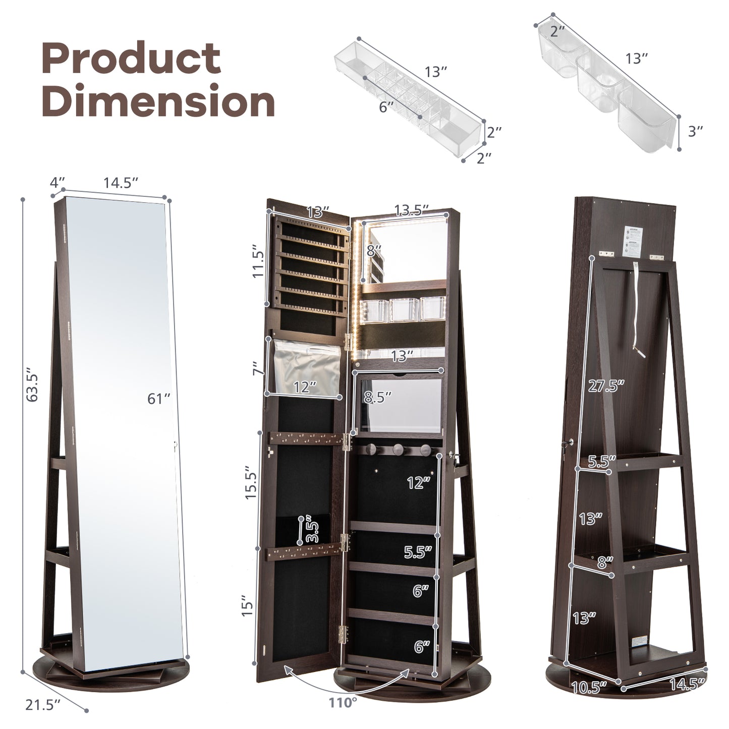360° Rotating Jewelry Armoire with LED Mirror and Lockable Storage – Espresso