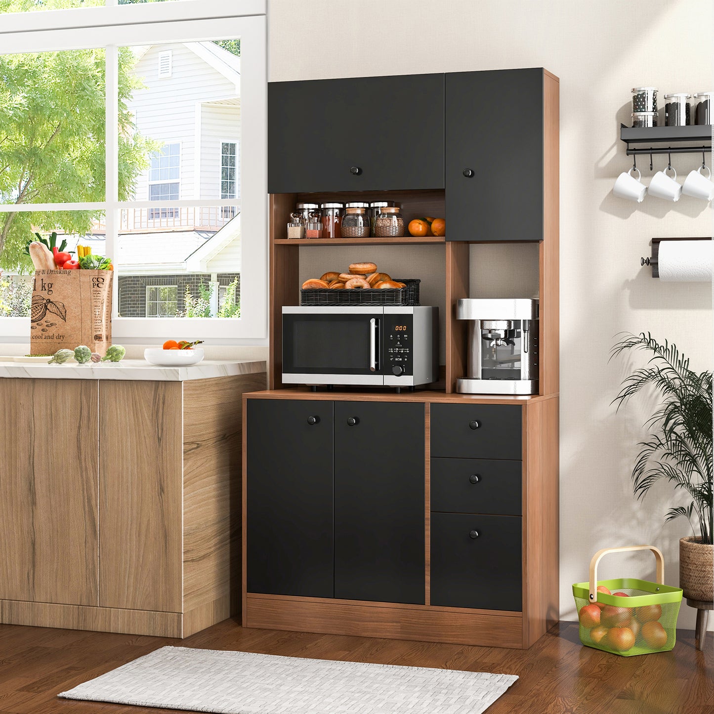 Tall Kitchen Pantry Cabinet with 3 Storage Cabinets 3 Drawers Adjustable Shelves and Countertop - Walnut