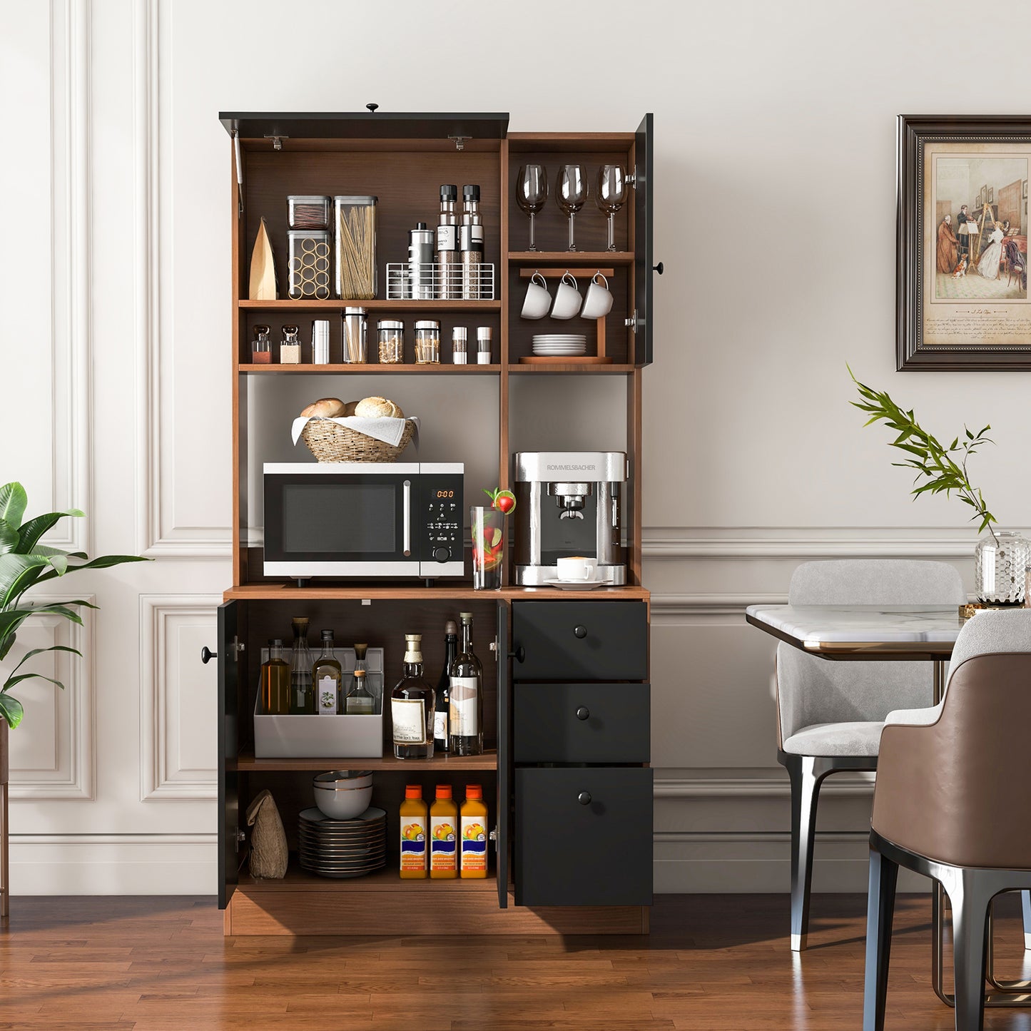 Tall Kitchen Pantry Cabinet with 3 Storage Cabinets 3 Drawers Adjustable Shelves and Countertop - Walnut