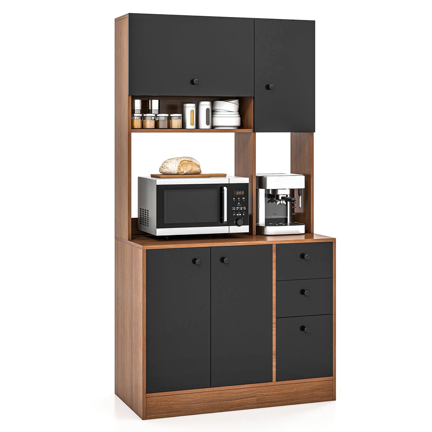 Tall Kitchen Pantry Cabinet with 3 Storage Cabinets 3 Drawers Adjustable Shelves and Countertop - Walnut