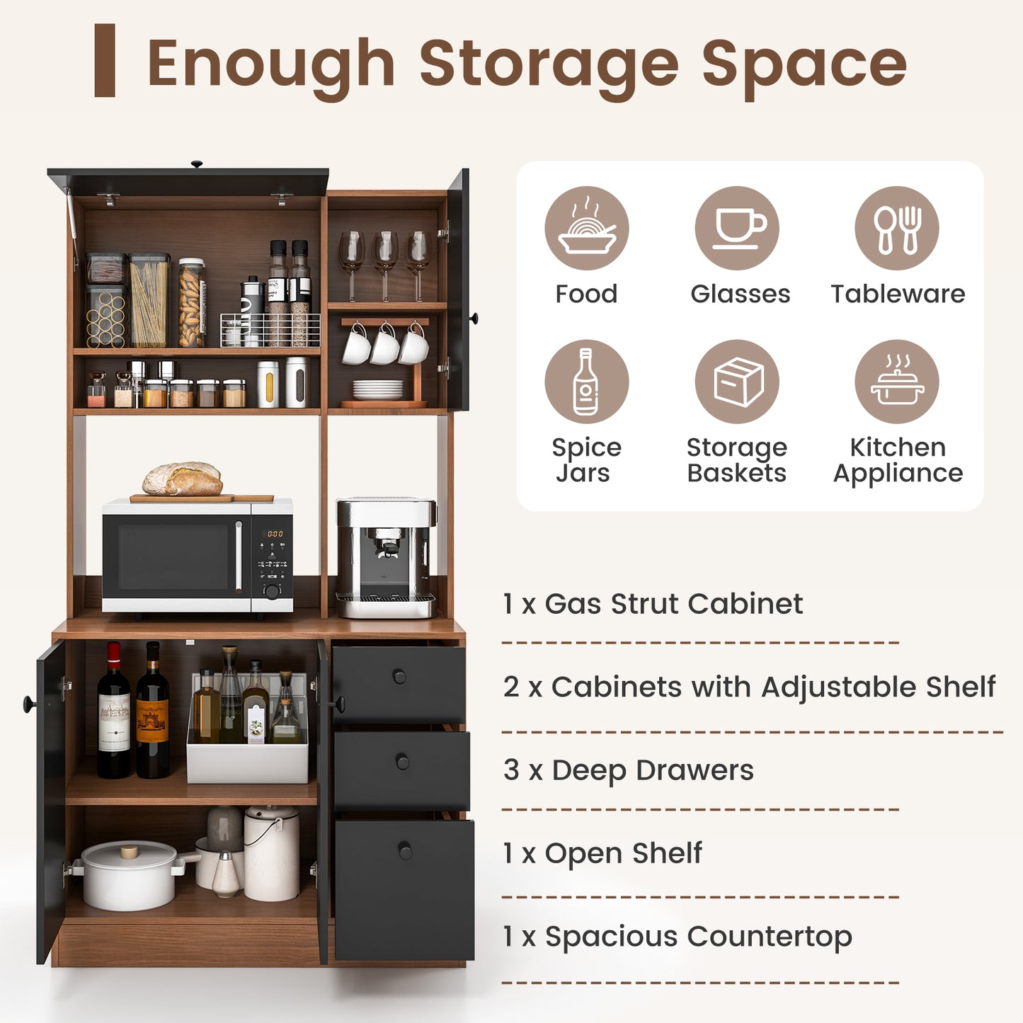 Tall Kitchen Pantry Cabinet with 3 Storage Cabinets 3 Drawers Adjustable Shelves and Countertop - Walnut