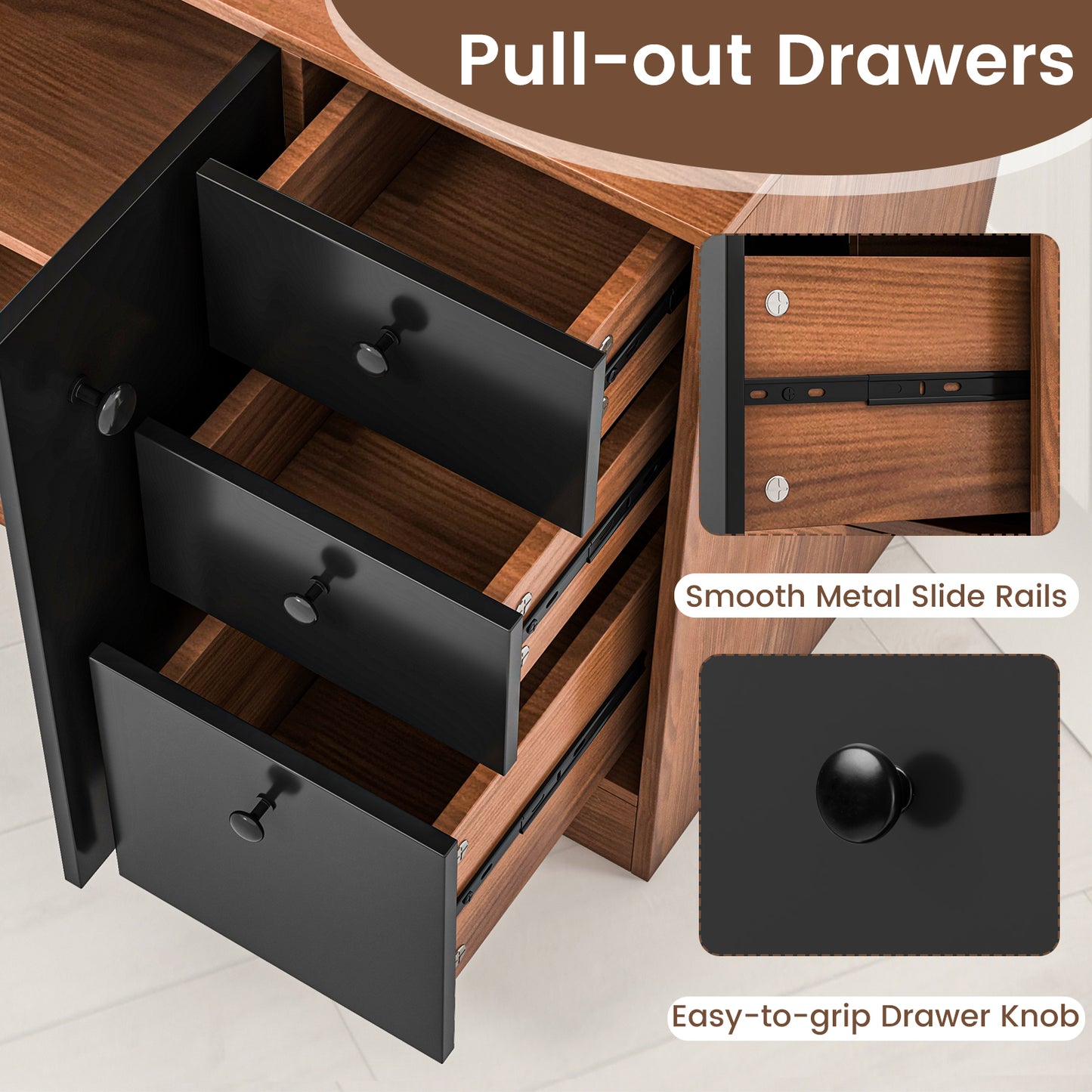 Tall Kitchen Pantry Cabinet with 3 Storage Cabinets 3 Drawers Adjustable Shelves and Countertop - Walnut