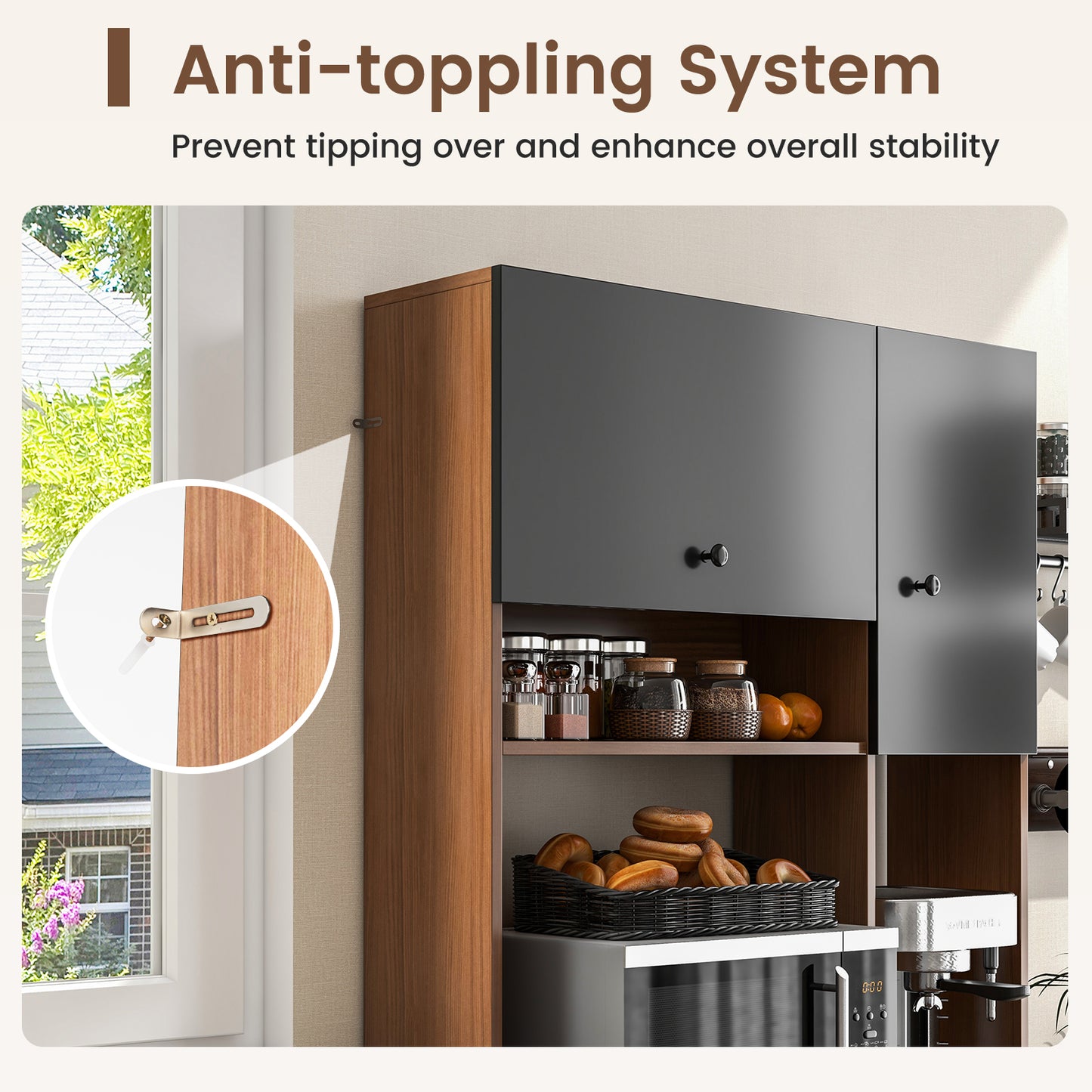Tall Kitchen Pantry Cabinet with 3 Storage Cabinets 3 Drawers Adjustable Shelves and Countertop - Walnut