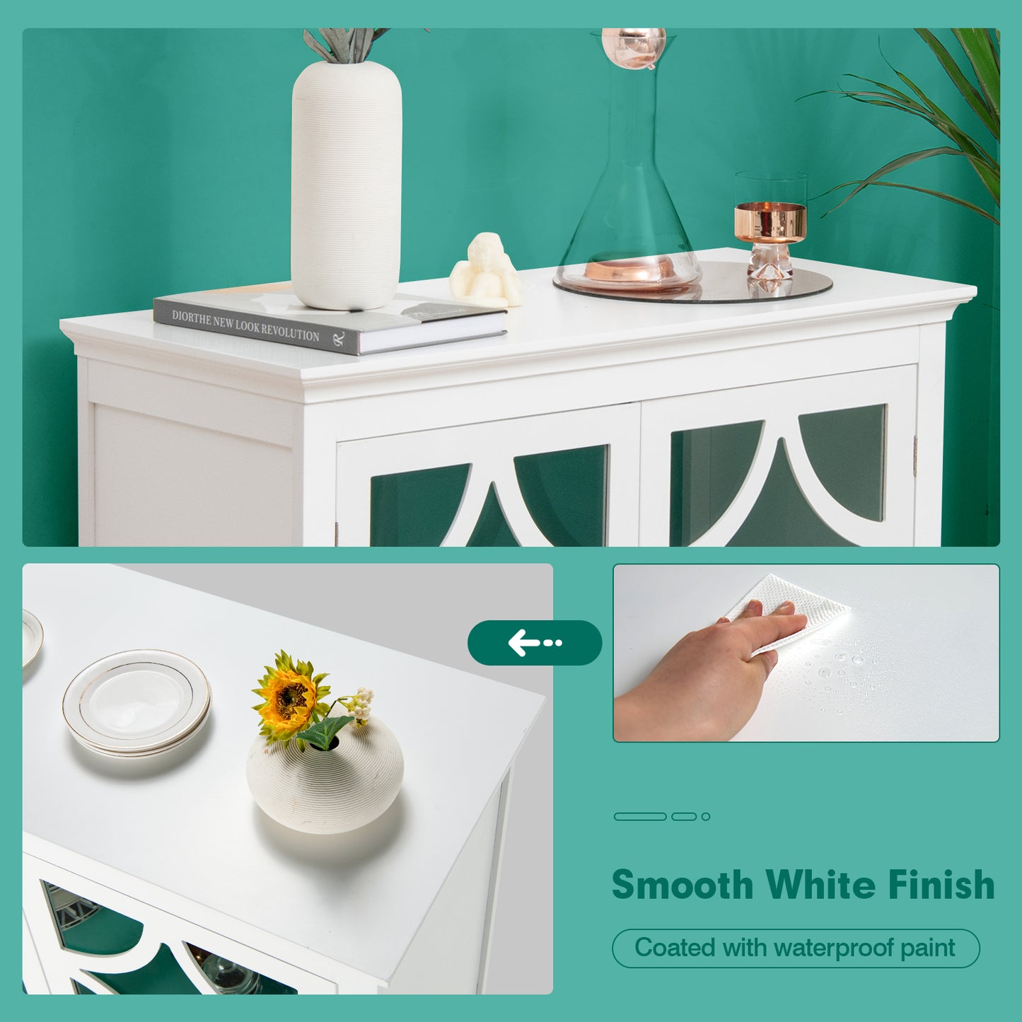 Modern Buffet Cabinet with Glass Doors and Adjustable Storage Shelf - White & Green