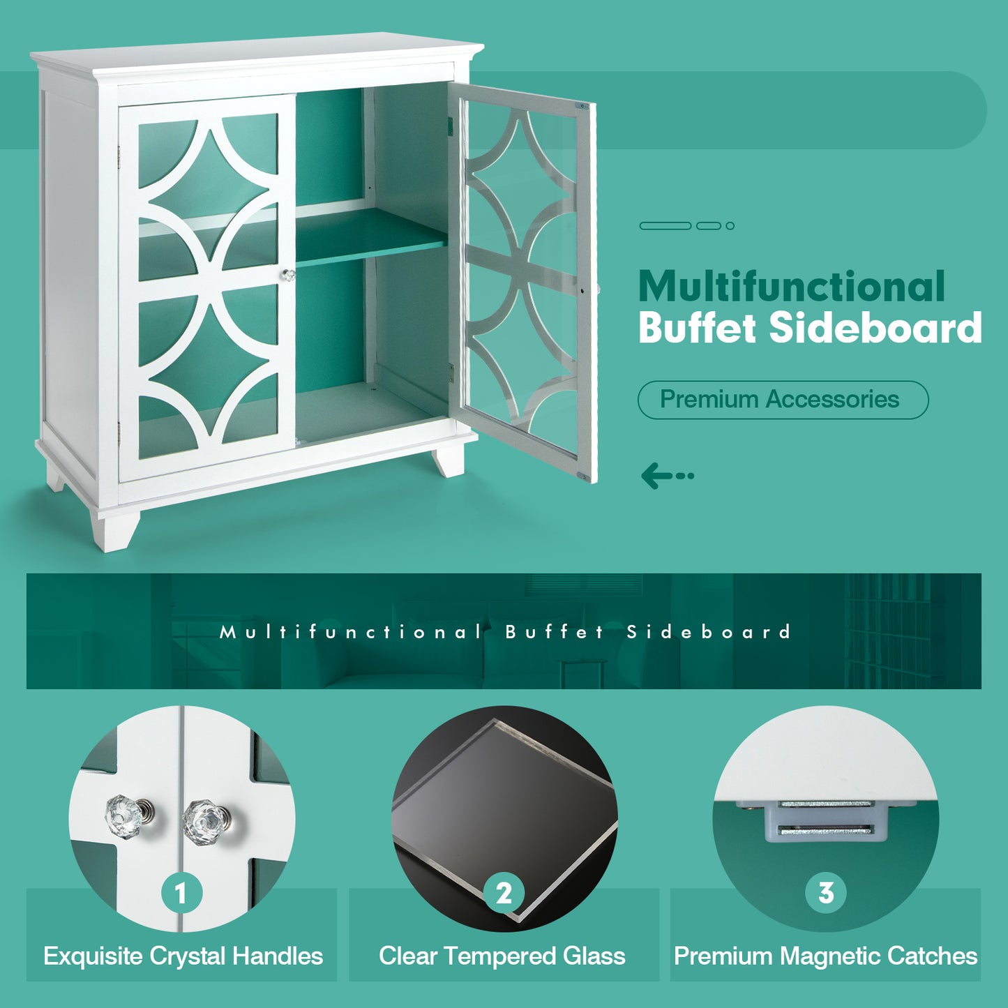 Modern Buffet Cabinet with Glass Doors and Adjustable Storage Shelf - White & Green