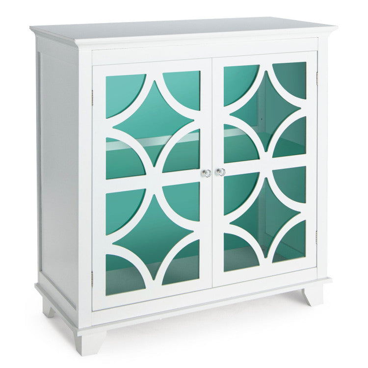Modern Buffet Cabinet with Glass Doors and Adjustable Storage Shelf - White & Green