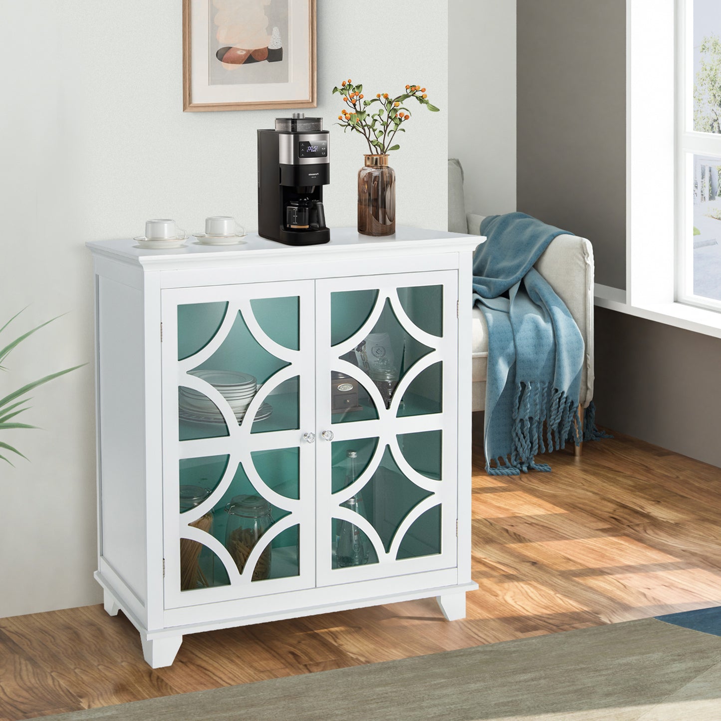 Modern Buffet Cabinet with Glass Doors and Adjustable Storage Shelf - White & Green