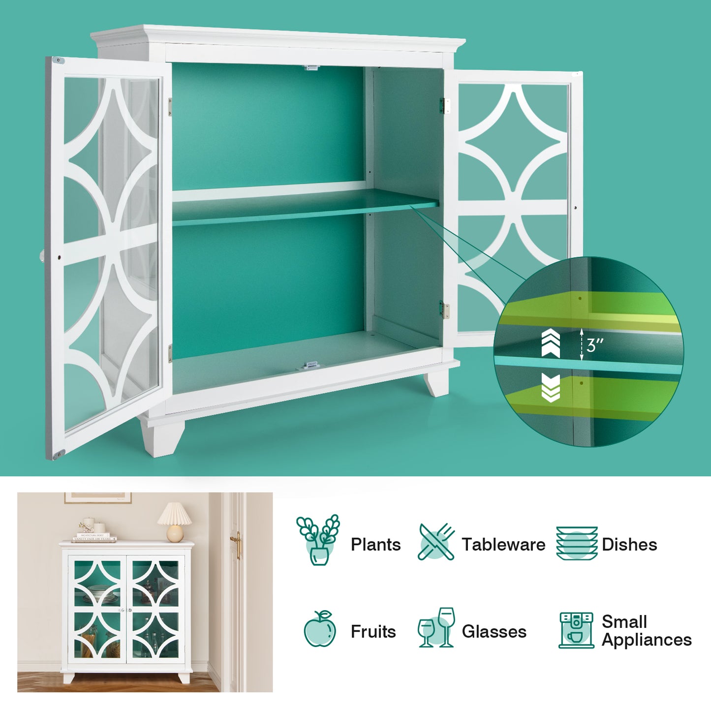 Modern Buffet Cabinet with Glass Doors and Adjustable Storage Shelf - White & Green