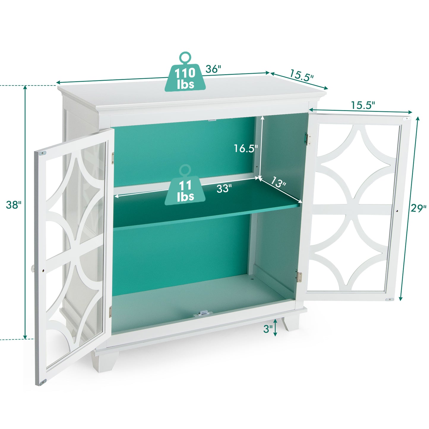 Modern Buffet Cabinet with Glass Doors and Adjustable Storage Shelf - White & Green