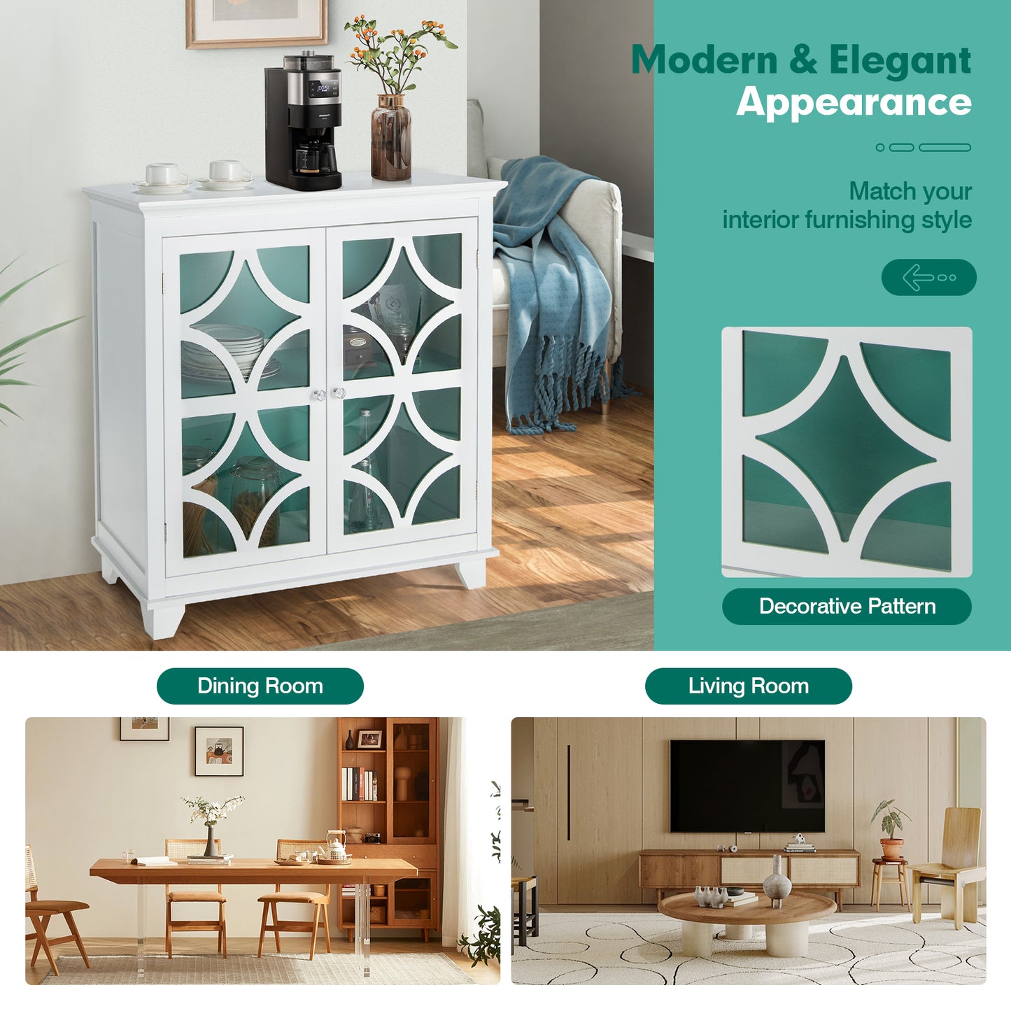 Modern Buffet Cabinet with Glass Doors and Adjustable Storage Shelf - White & Green