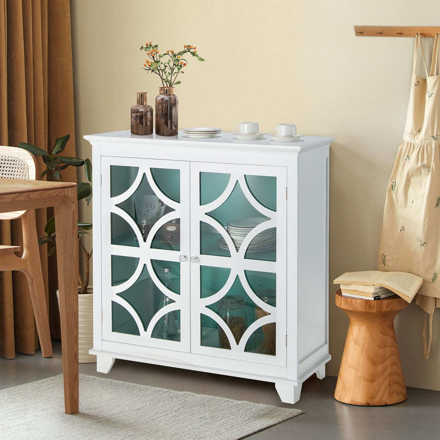 Modern Buffet Cabinet with Glass Doors and Adjustable Storage Shelf - White & Green
