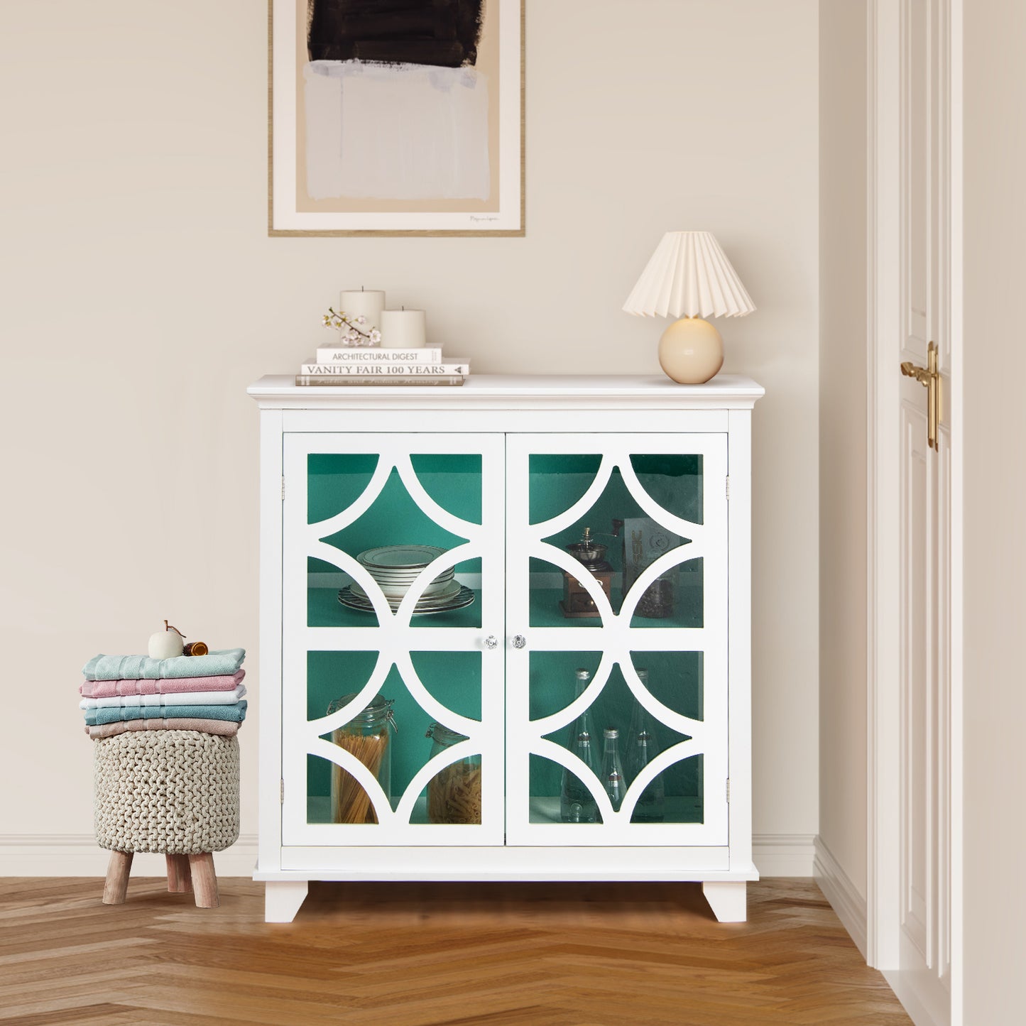 Modern Buffet Cabinet with Glass Doors and Adjustable Storage Shelf - White & Green