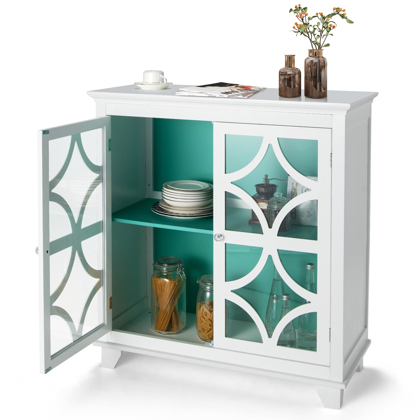 Modern Buffet Cabinet with Glass Doors and Adjustable Storage Shelf - White & Green