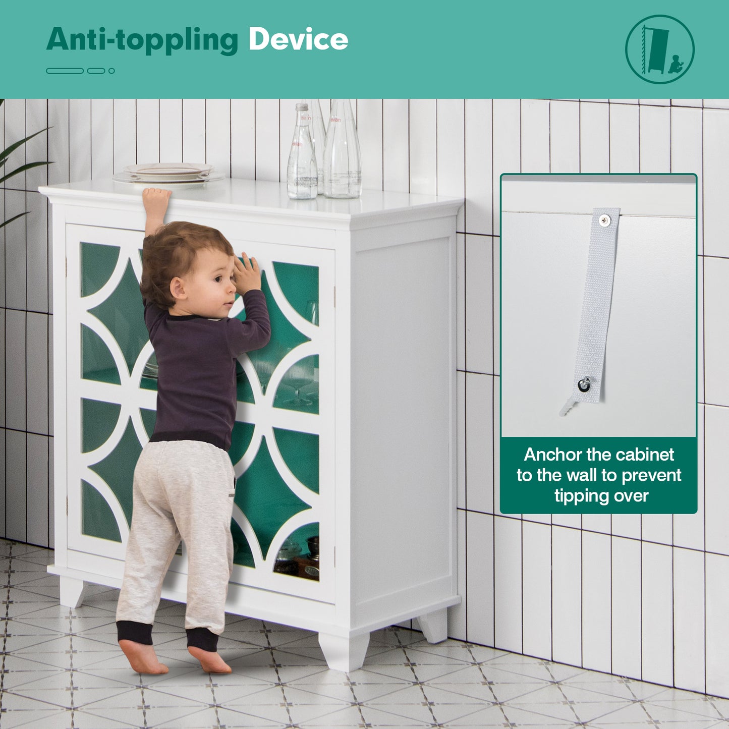 Modern Buffet Cabinet with Glass Doors and Adjustable Storage Shelf - White & Green