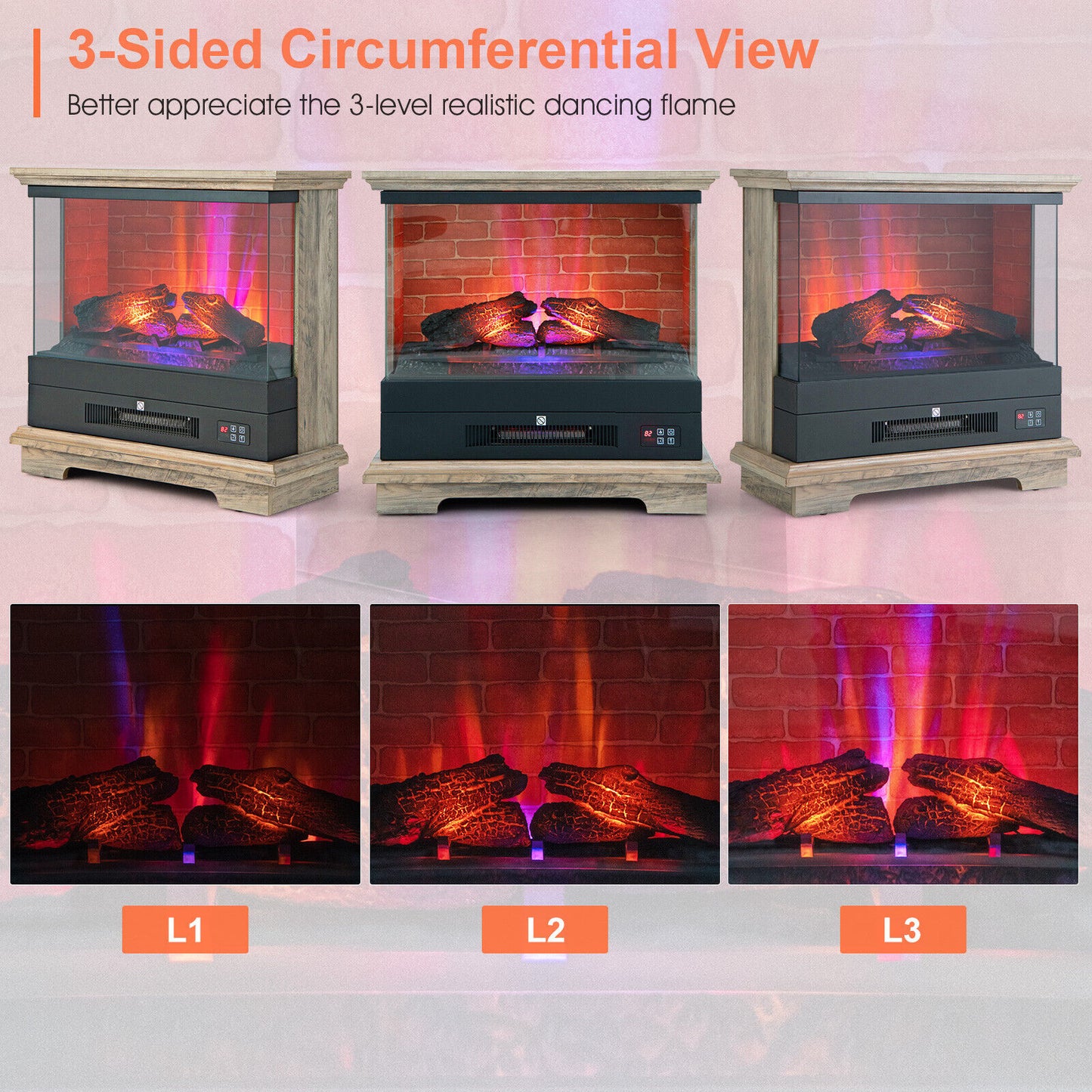 27" Freestanding Electric Fireplace with 3 Level Flame Effect & Adjustable Thermostat