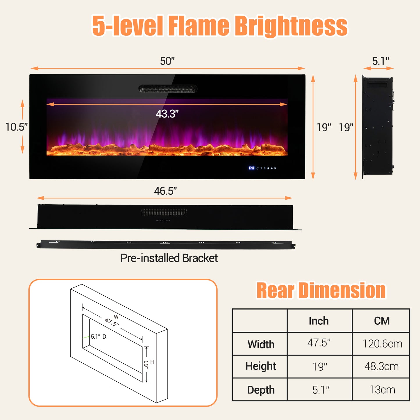 50/60 Inch Wall Mounted Electric Fireplace with Decorative Crystal & Log Options