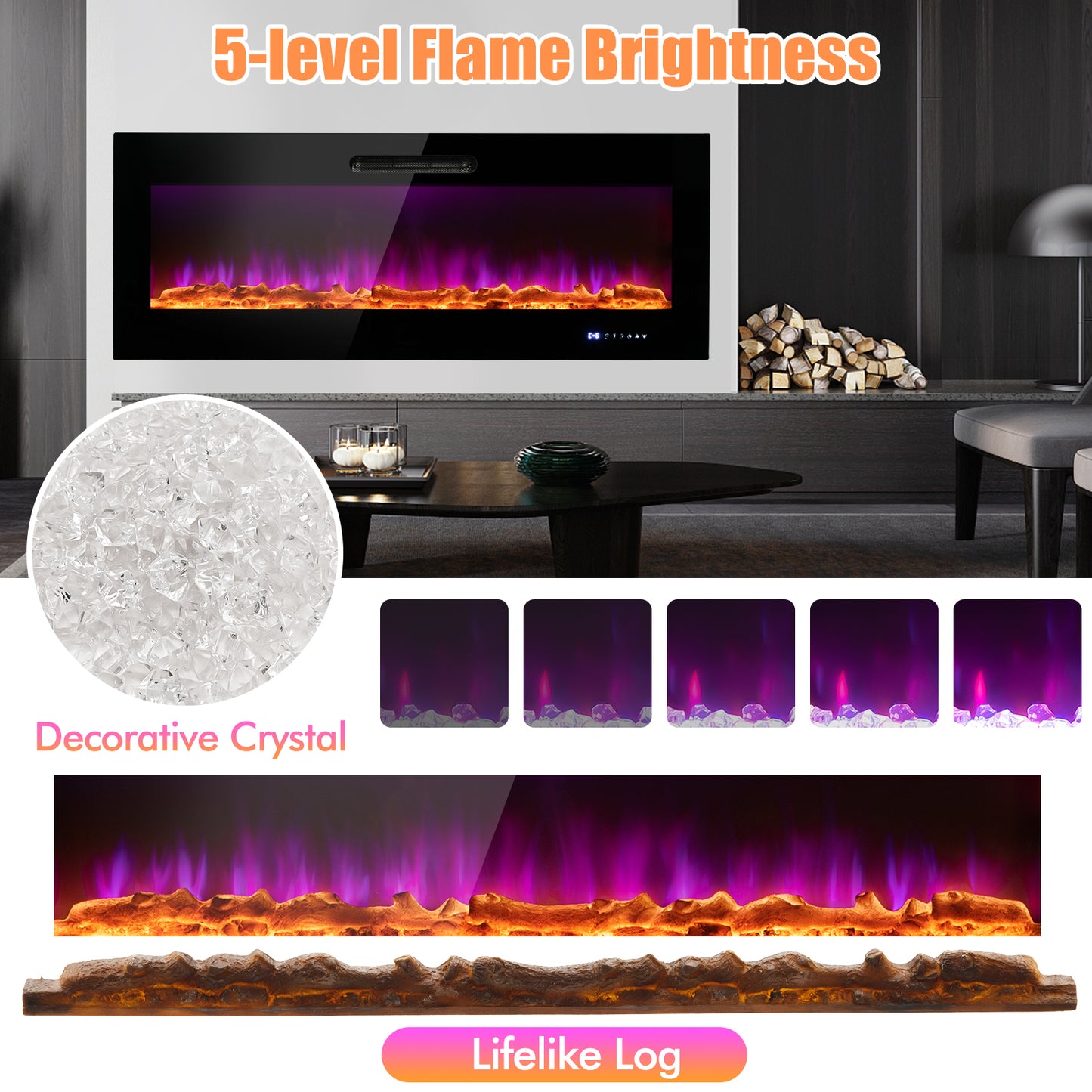 50/60 Inch Wall Mounted Electric Fireplace with Decorative Crystal & Log Options