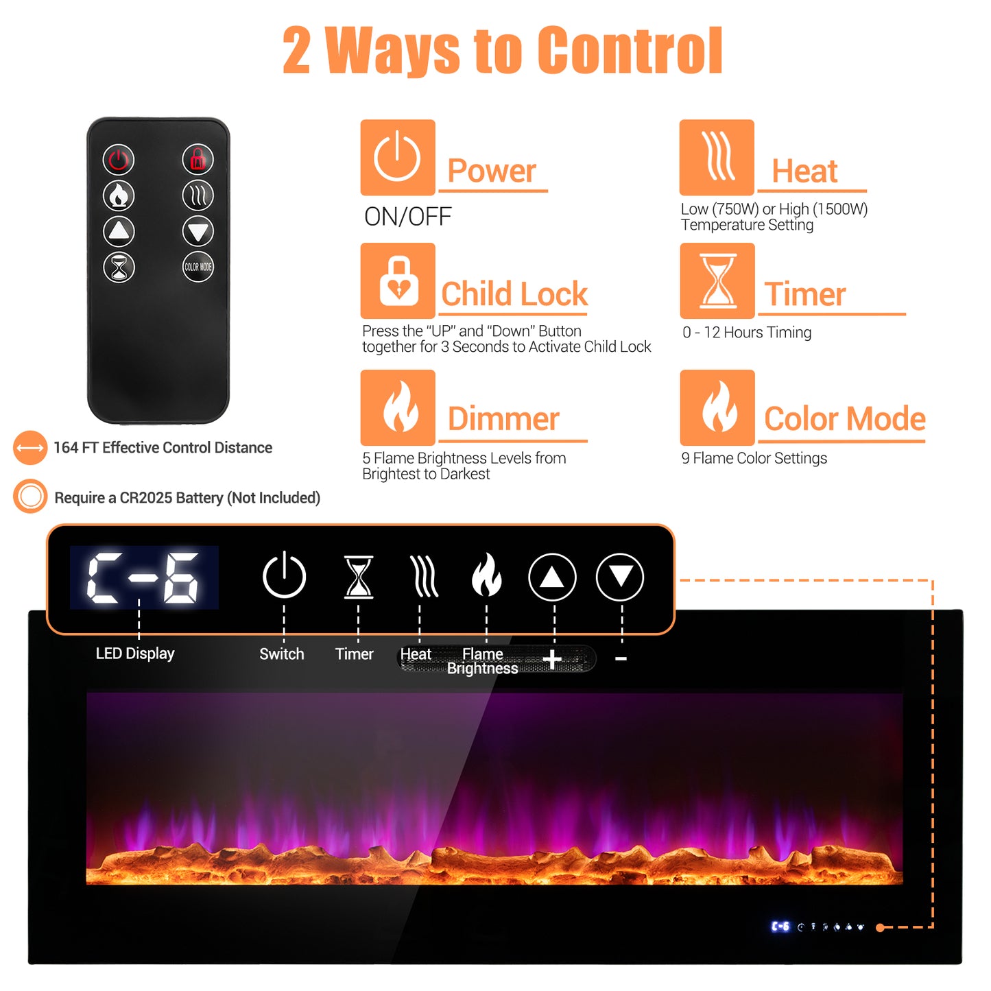 50/60 Inch Wall Mounted Electric Fireplace with Decorative Crystal & Log Options