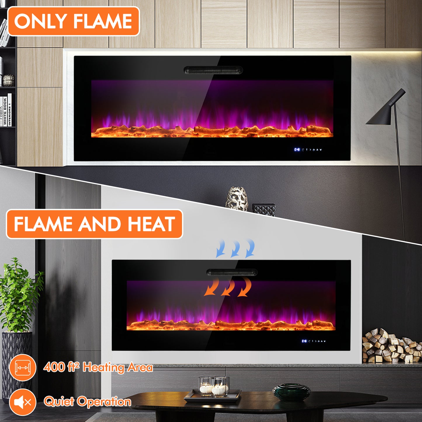 50/60 Inch Wall Mounted Electric Fireplace with Decorative Crystal & Log Options
