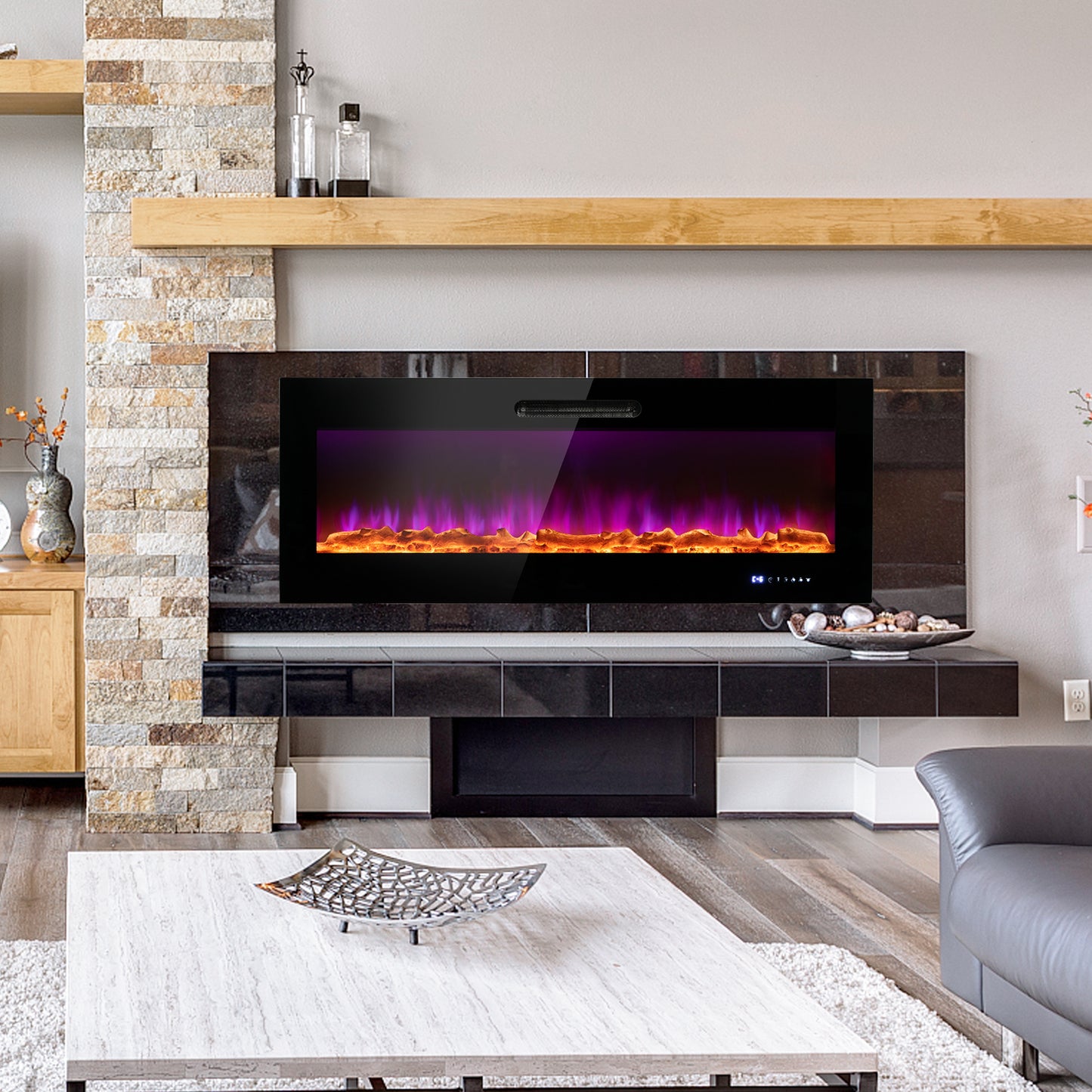 50/60 Inch Wall Mounted Electric Fireplace with Decorative Crystal & Log Options