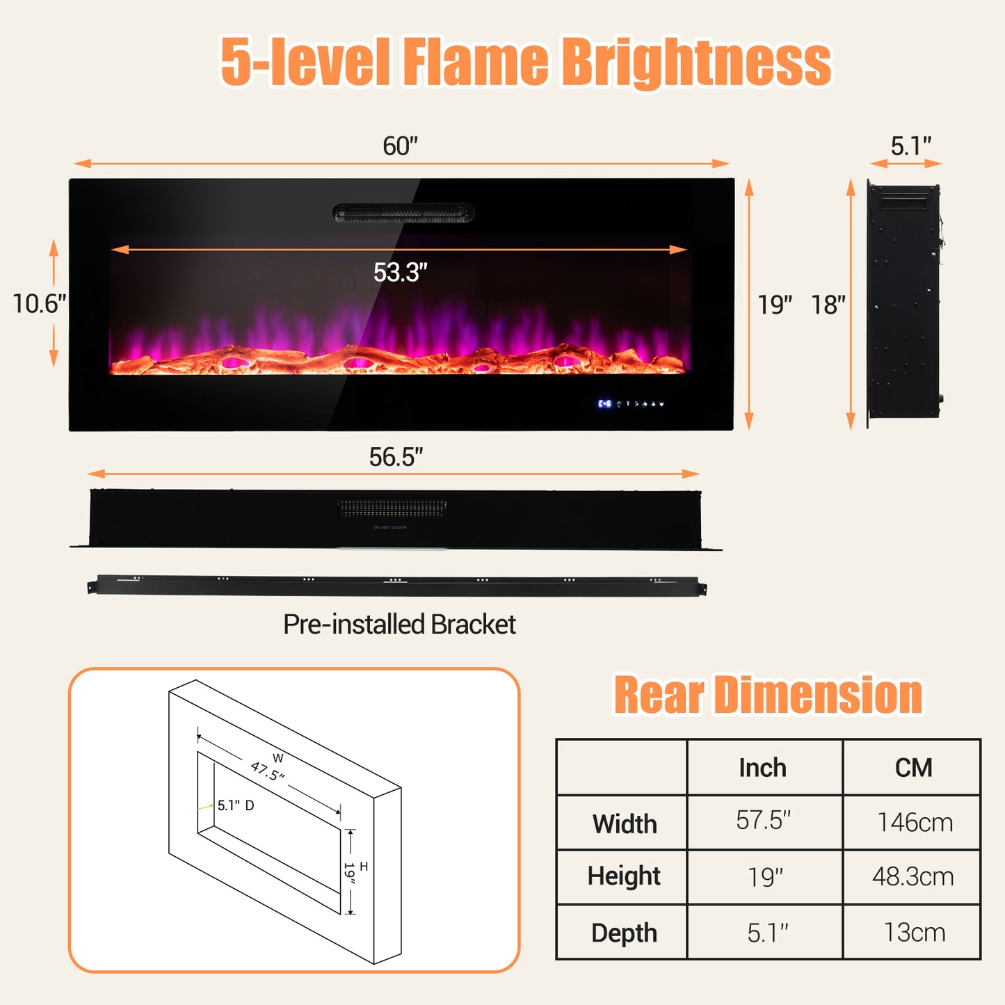 50/60 Inch Wall Mounted Electric Fireplace with Decorative Crystal & Log Options