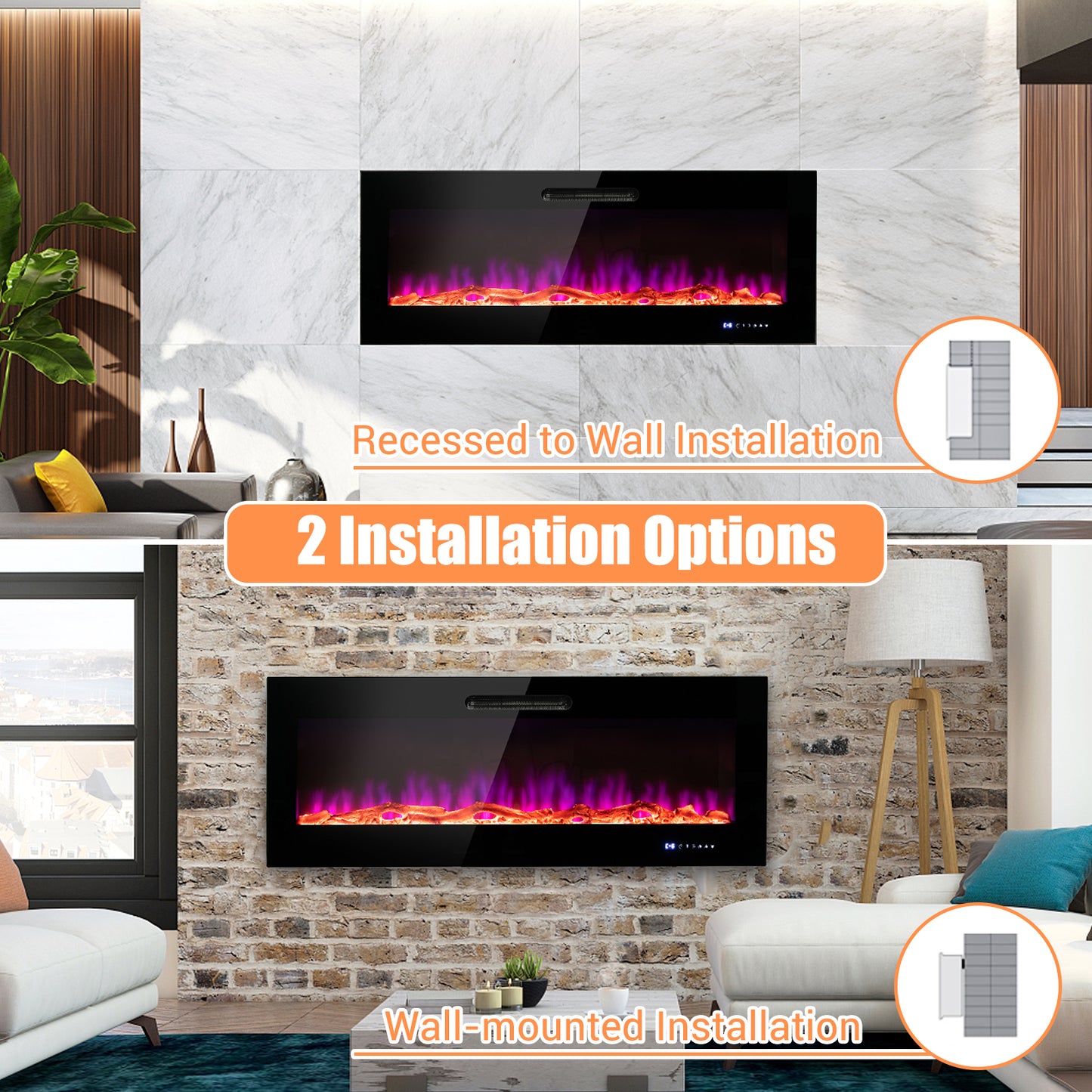 50/60 Inch Wall Mounted Electric Fireplace with Decorative Crystal & Log Options
