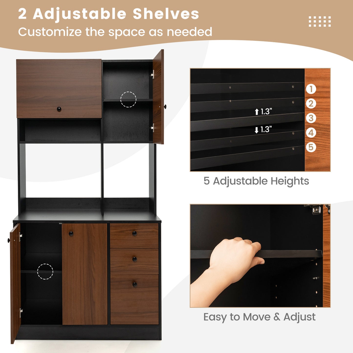 Tall Kitchen Pantry Cabinet with 3 Storage Cabinets 3 Drawers Adjustable Shelves and Countertop - Black