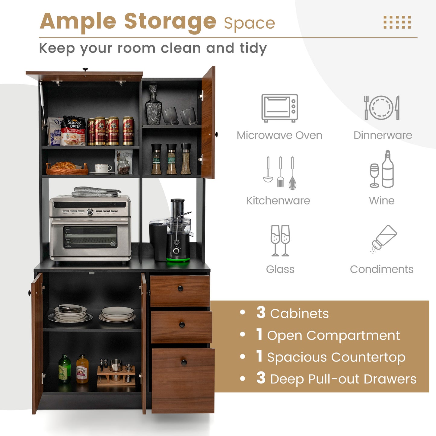 Tall Kitchen Pantry Cabinet with 3 Storage Cabinets 3 Drawers Adjustable Shelves and Countertop - Black