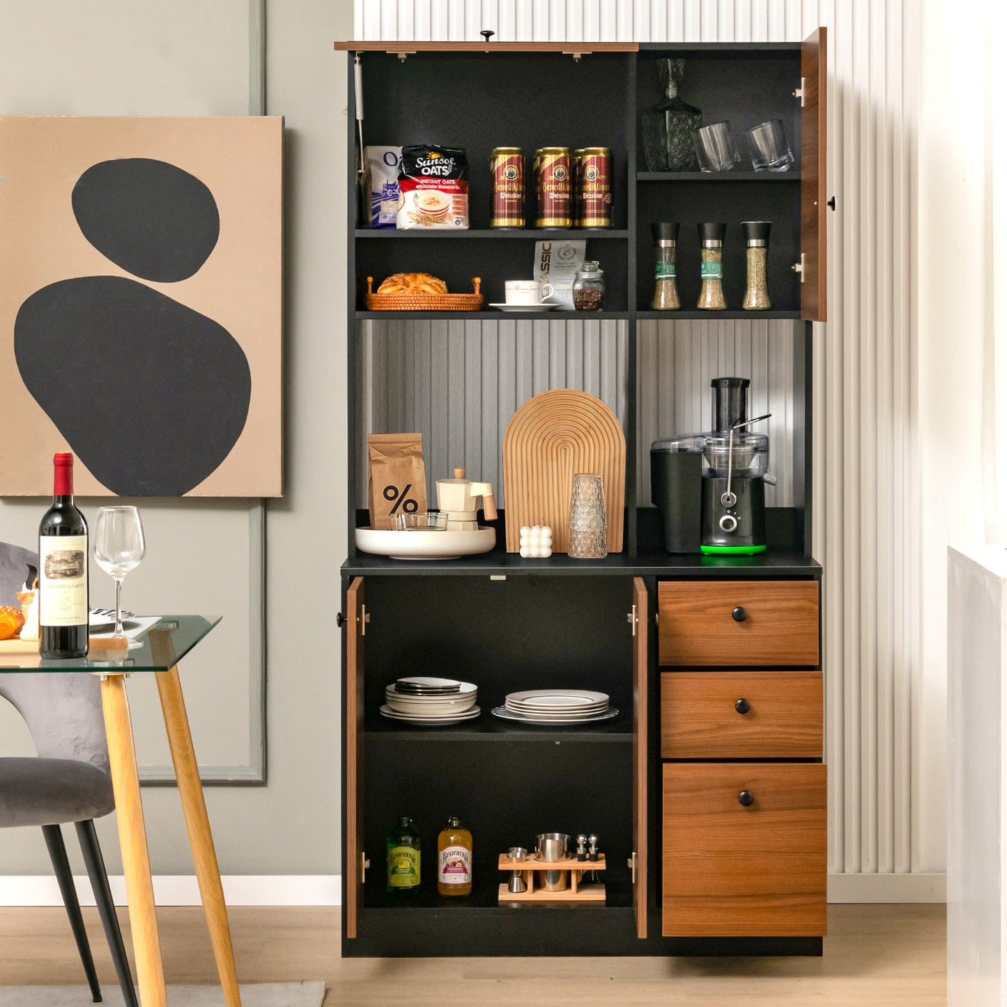 Tall Kitchen Pantry Cabinet with 3 Storage Cabinets 3 Drawers Adjustable Shelves and Countertop - Black