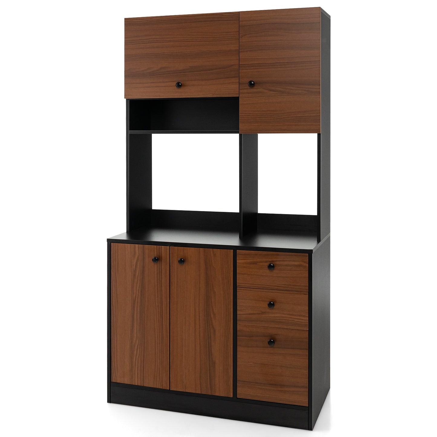 Tall Kitchen Pantry Cabinet with 3 Storage Cabinets 3 Drawers Adjustable Shelves and Countertop - Black