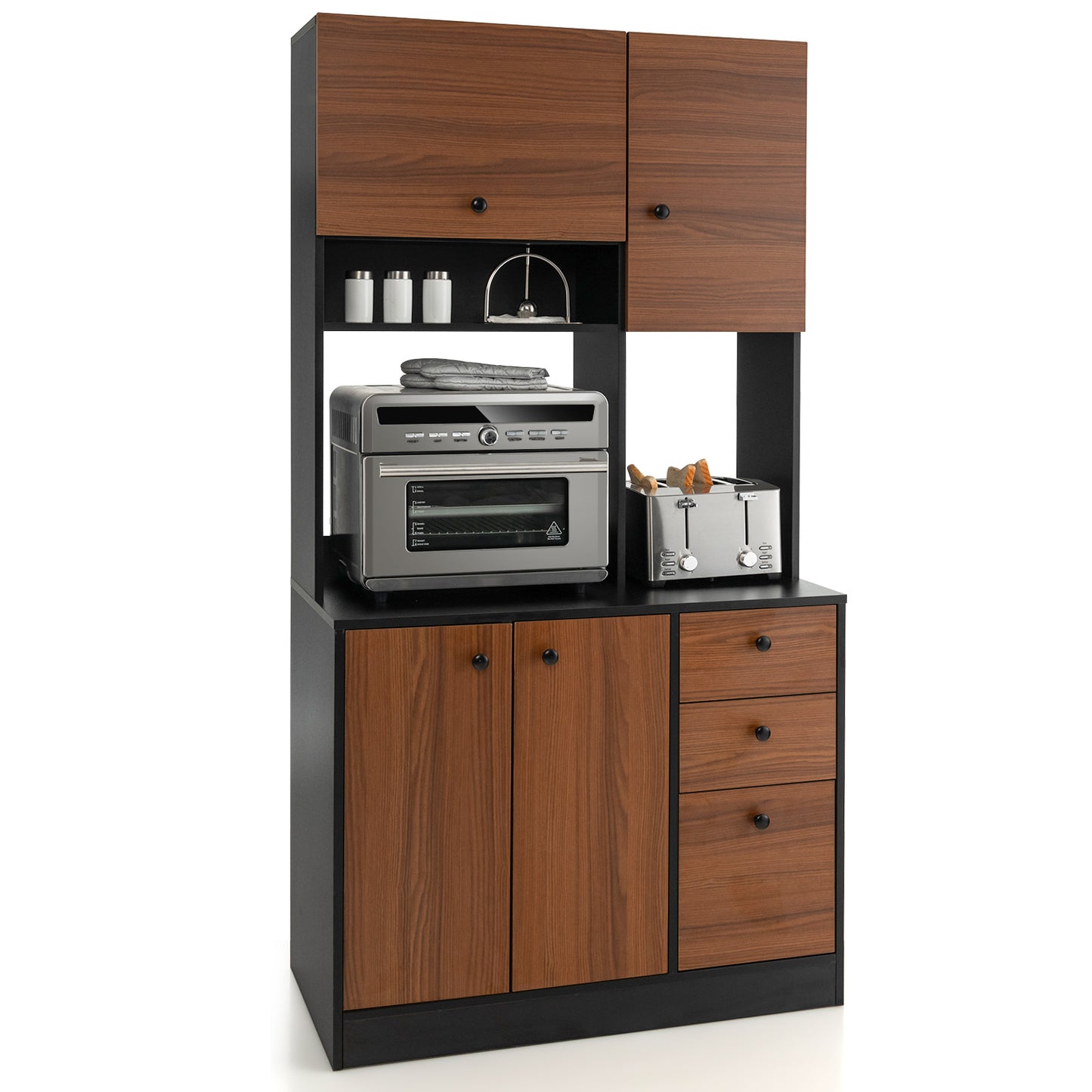Tall Kitchen Pantry Cabinet with 3 Storage Cabinets 3 Drawers Adjustable Shelves and Countertop - Black
