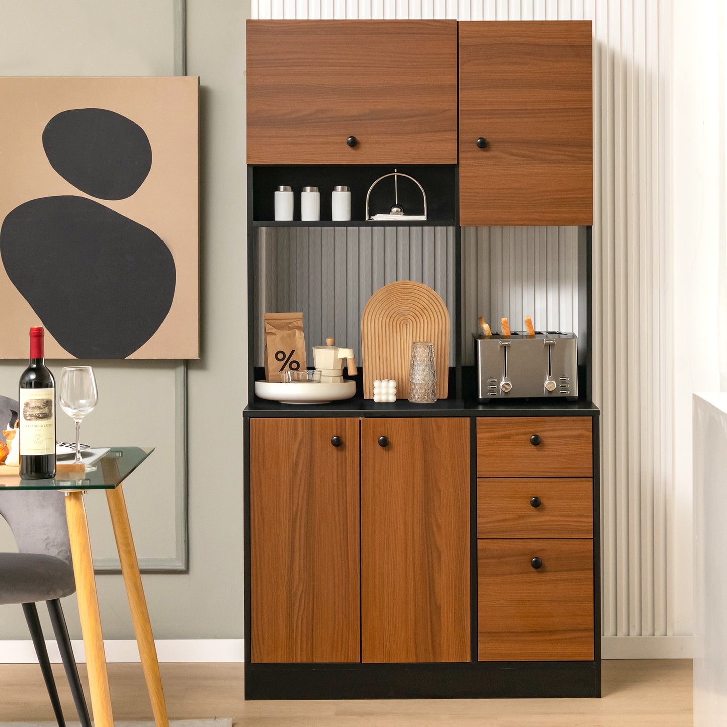 Tall Kitchen Pantry Cabinet with 3 Storage Cabinets 3 Drawers Adjustable Shelves and Countertop - Black