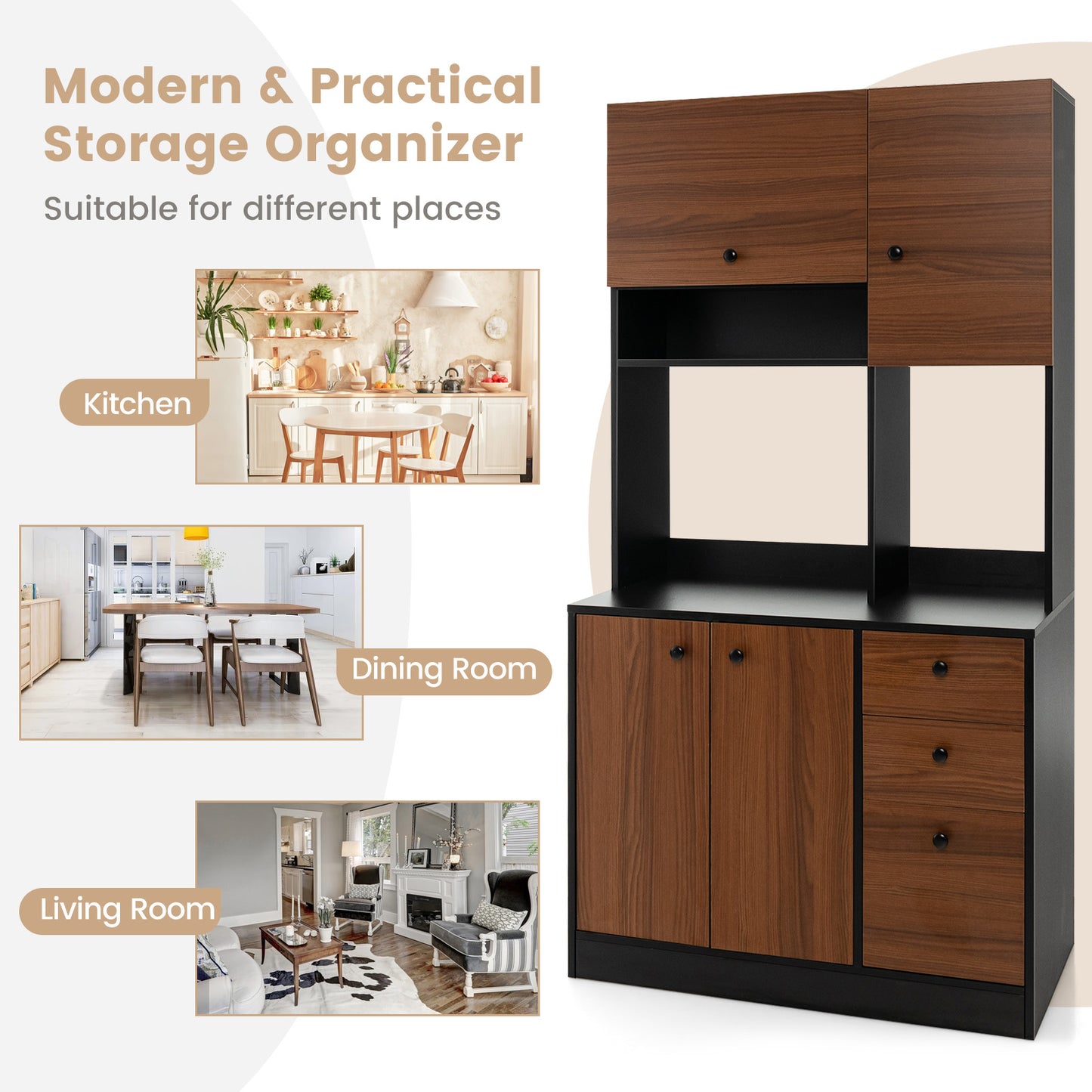 Tall Kitchen Pantry Cabinet with 3 Storage Cabinets 3 Drawers Adjustable Shelves and Countertop - Black